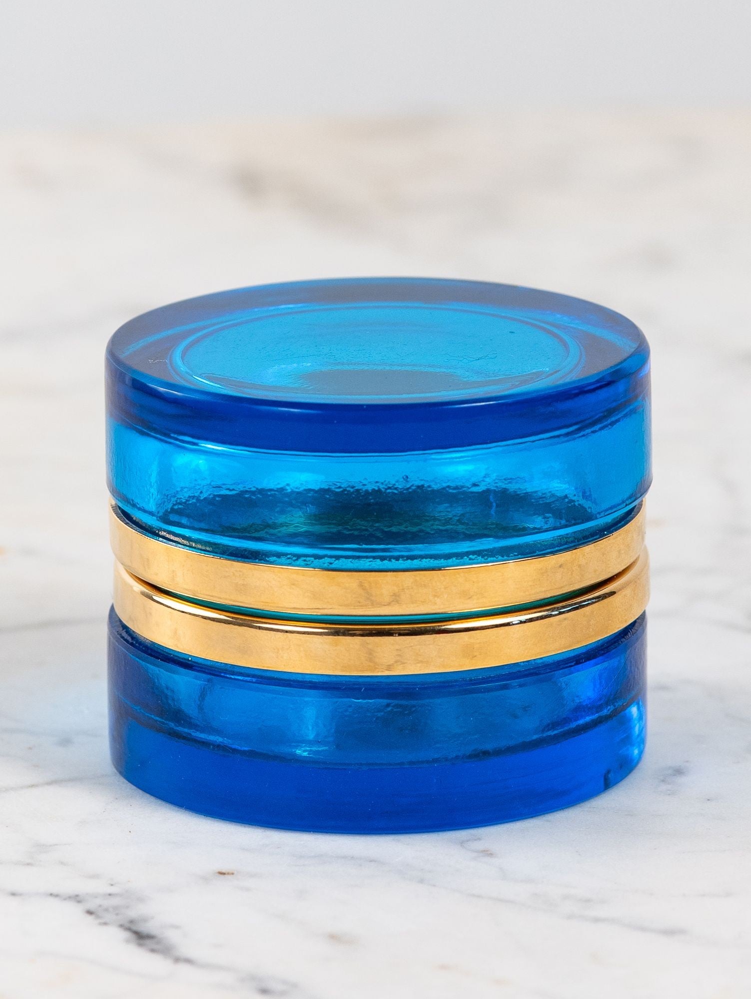 Sapphire Blue Round Glass Box with Polished Bronze Mount, France Early 20th C.