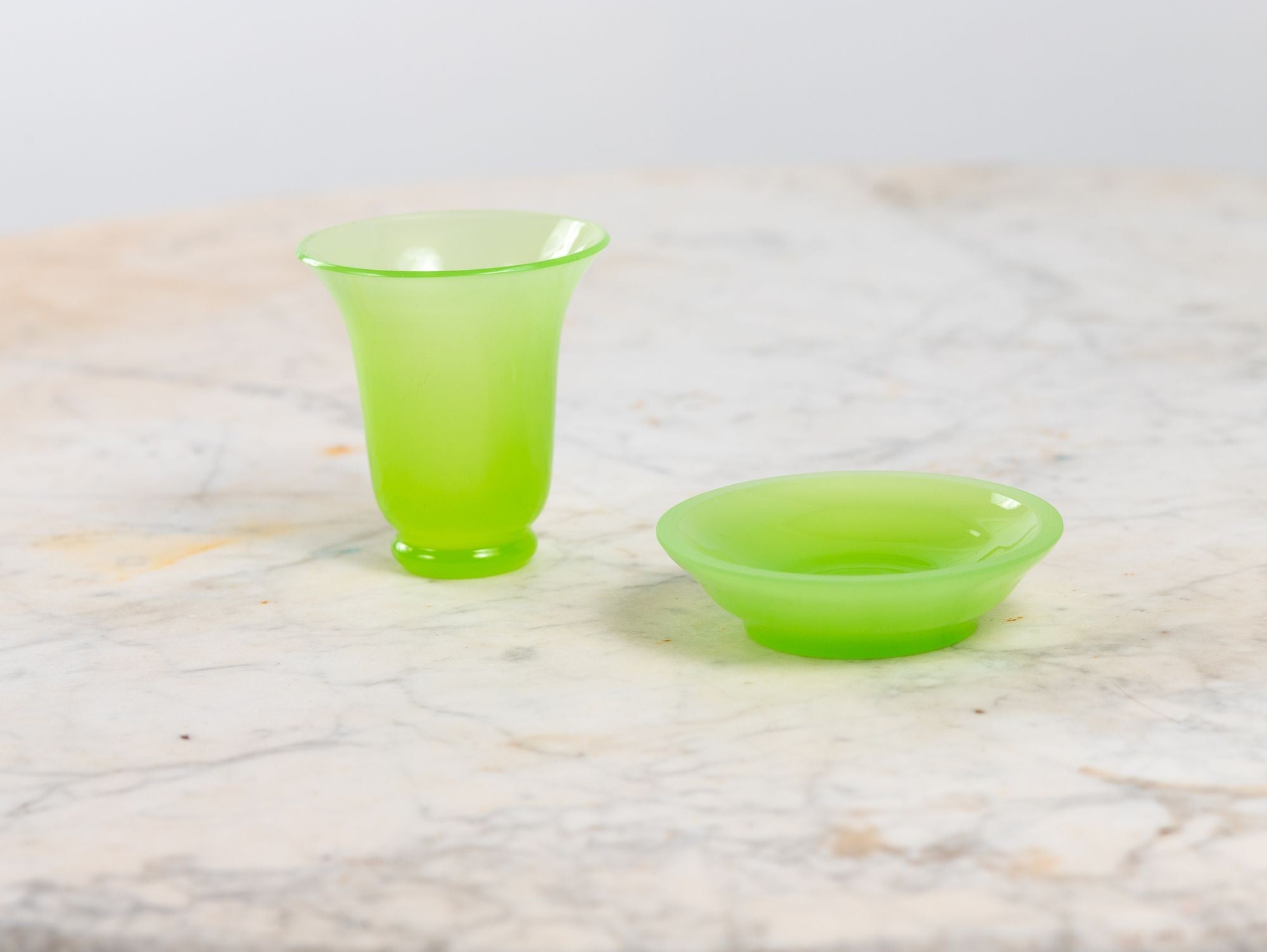 Opaline Lime Green Glass Vase and Dish, France 1920s