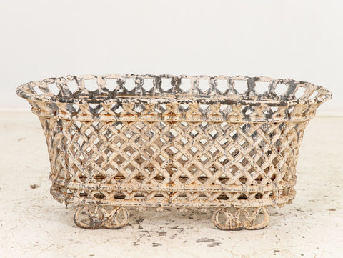 White Painted Cast Iron Latticework Basket, French early 20th C.