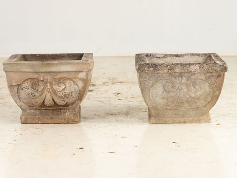 Pair Square Concrete Stone Planters with Shell Pattern, France mid 20th C.