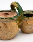 Green Glazed Shepherd's Lunch Holder with Bowls and Handle , France 19th C.