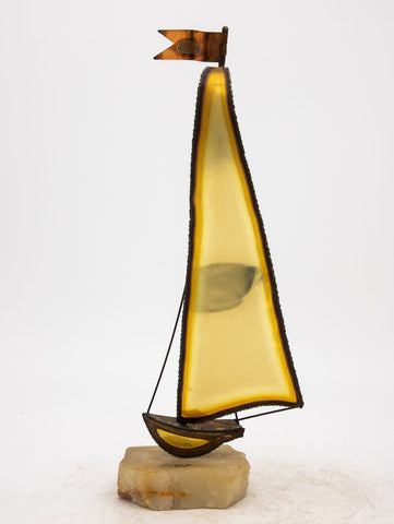 Vintage Brutalist Style Brass Sailboat on Onyx Base, Signed by Demott, 20th Century