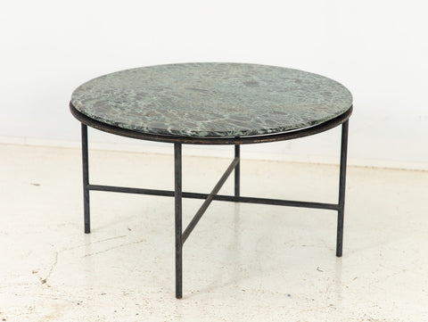 Round Iron base Cocktail Table with Green Marble Top, France 1960s