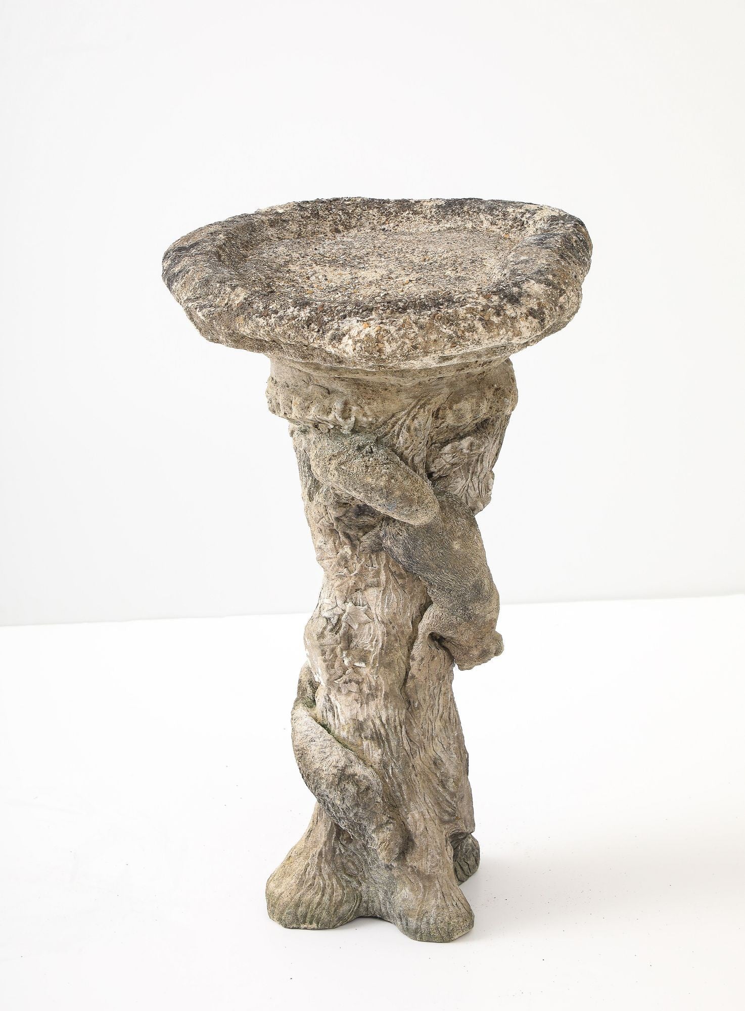Composite Stone Faux Bois Birdbath with Squirrels Garden Ornament, English 20th C.