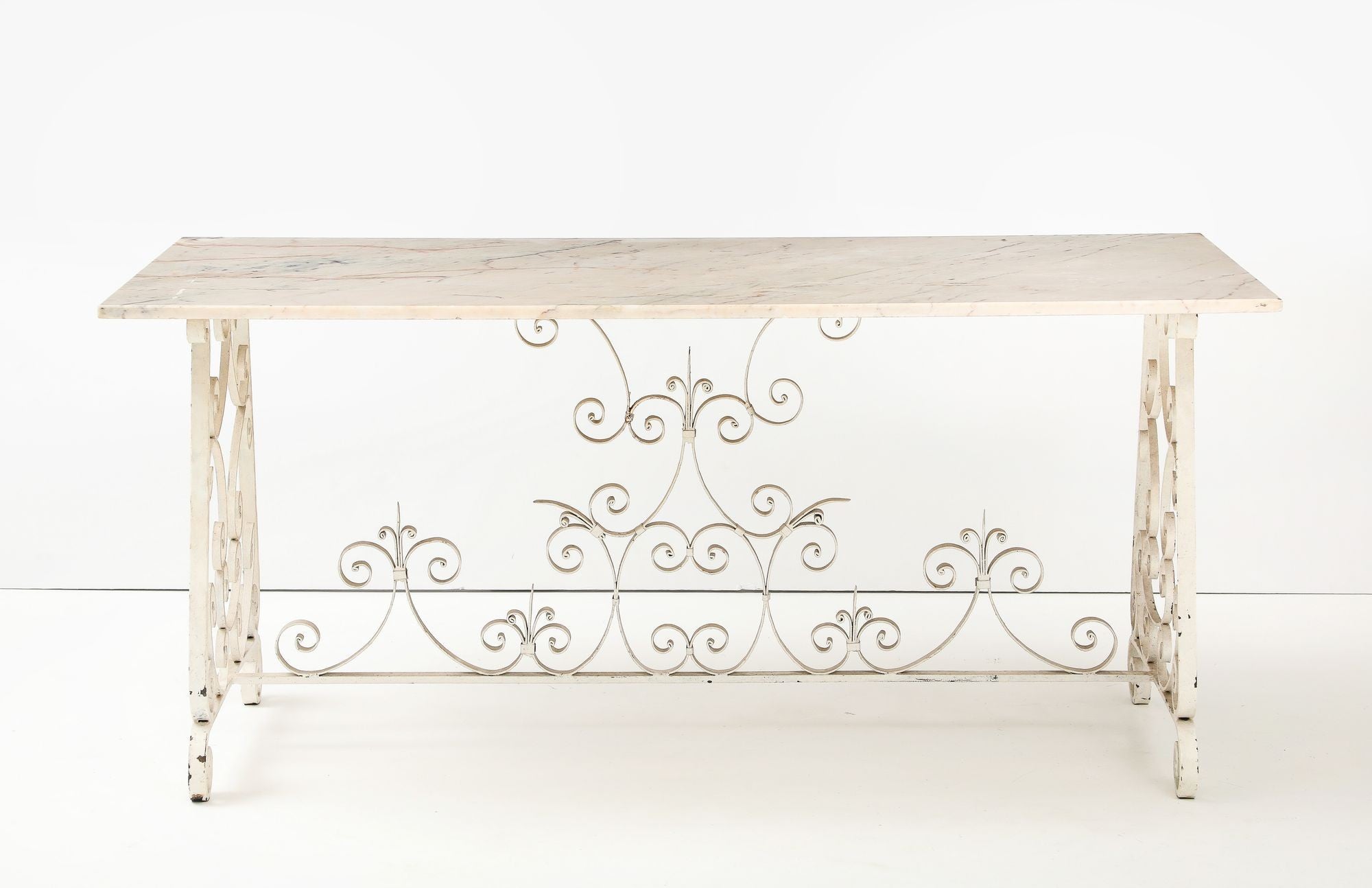 Marble Top Scroll Work Metal Base Dining Table, England Mid 20th C.