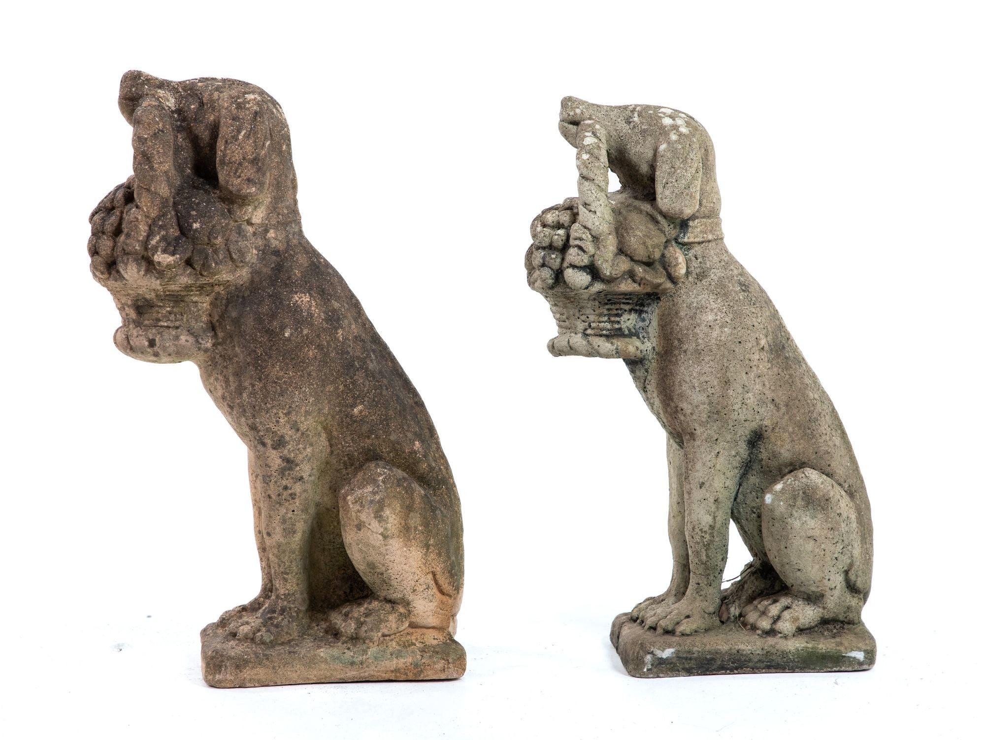 Matched Pair of Composite Stone Dogs with Fruit Baskets, England Mid 20th C.