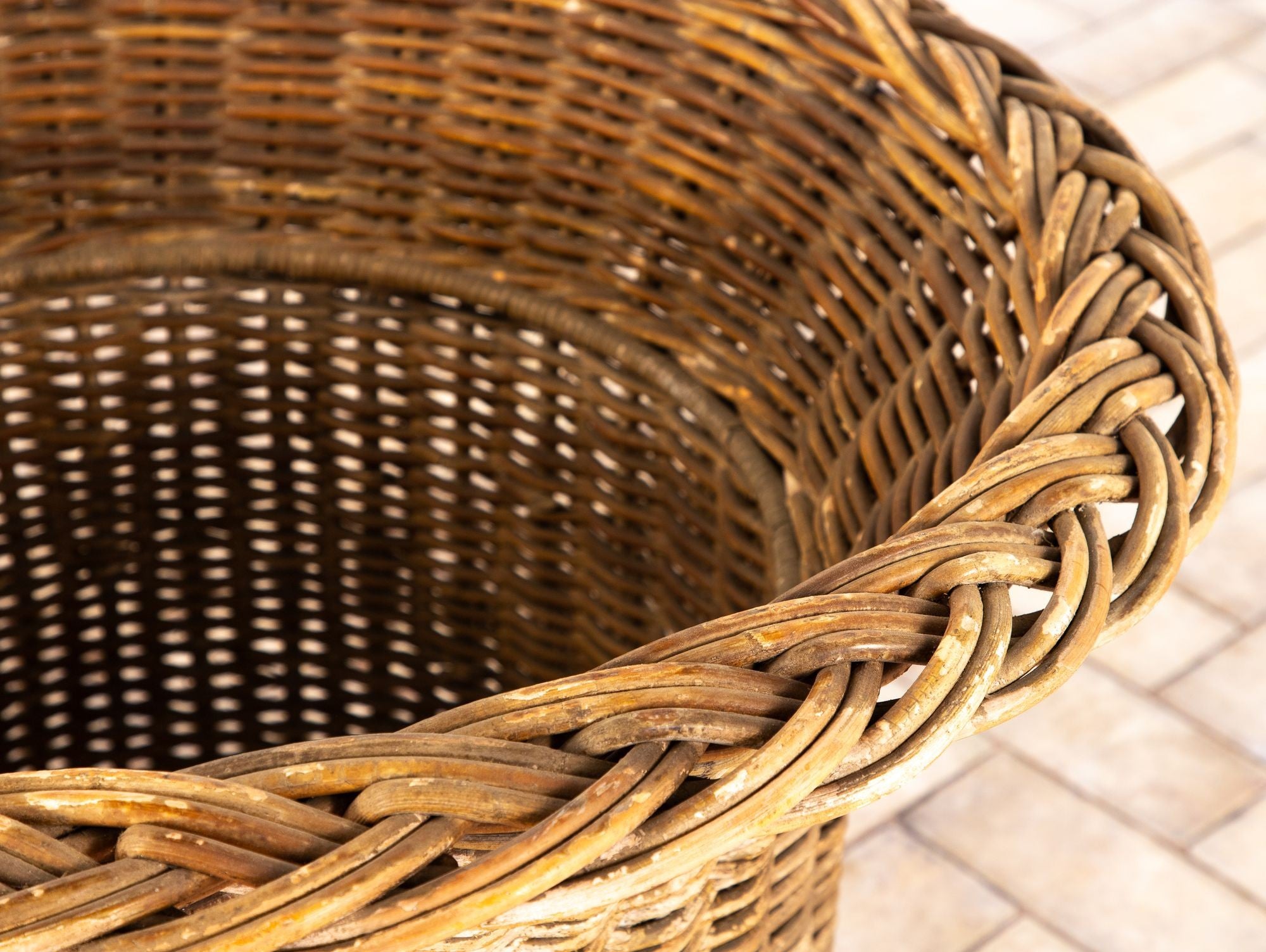 Vintage Round Wicker and Glass Side Table, France 1960s