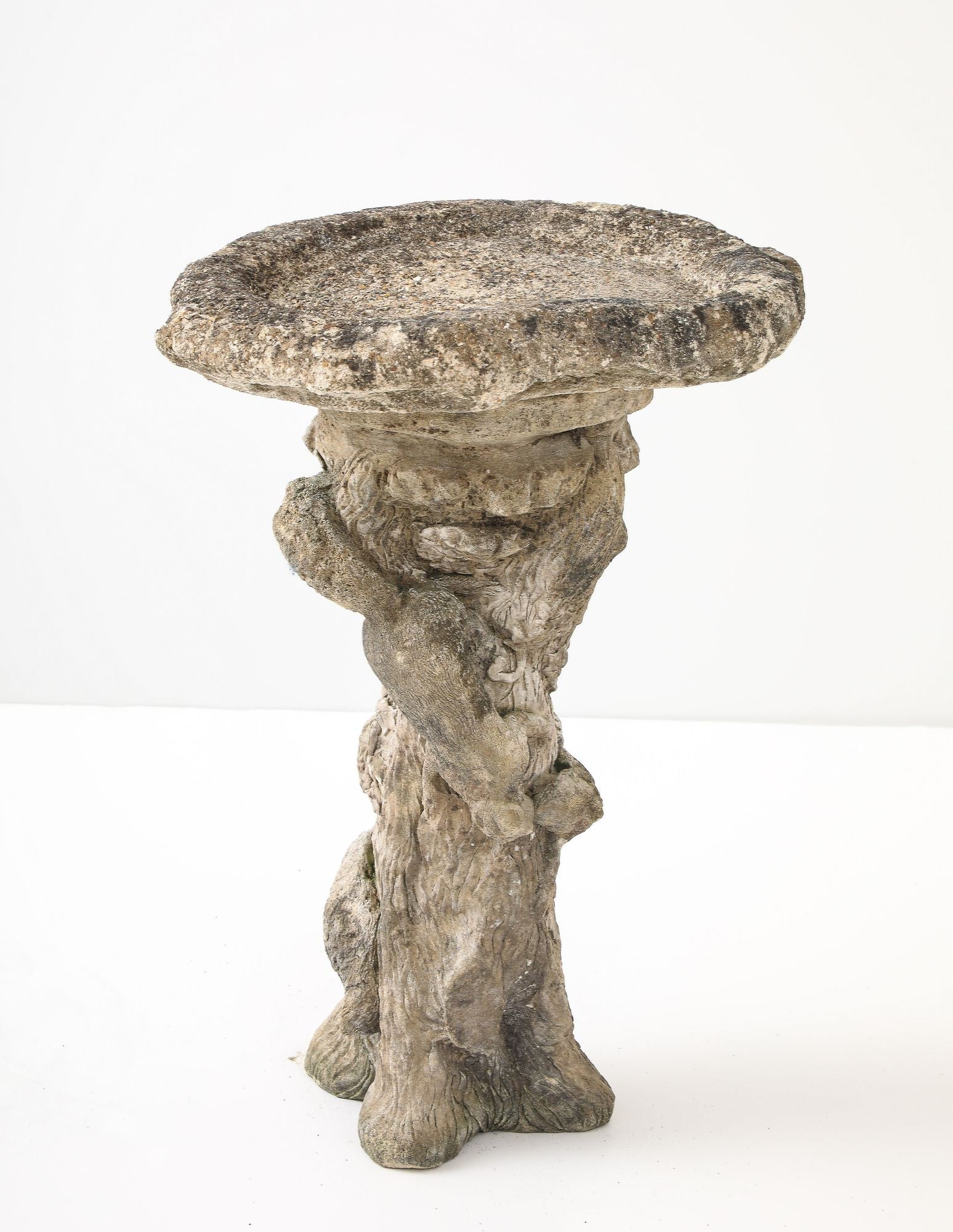 Composite Stone Faux Bois Birdbath with Squirrels Garden Ornament, English 20th C.