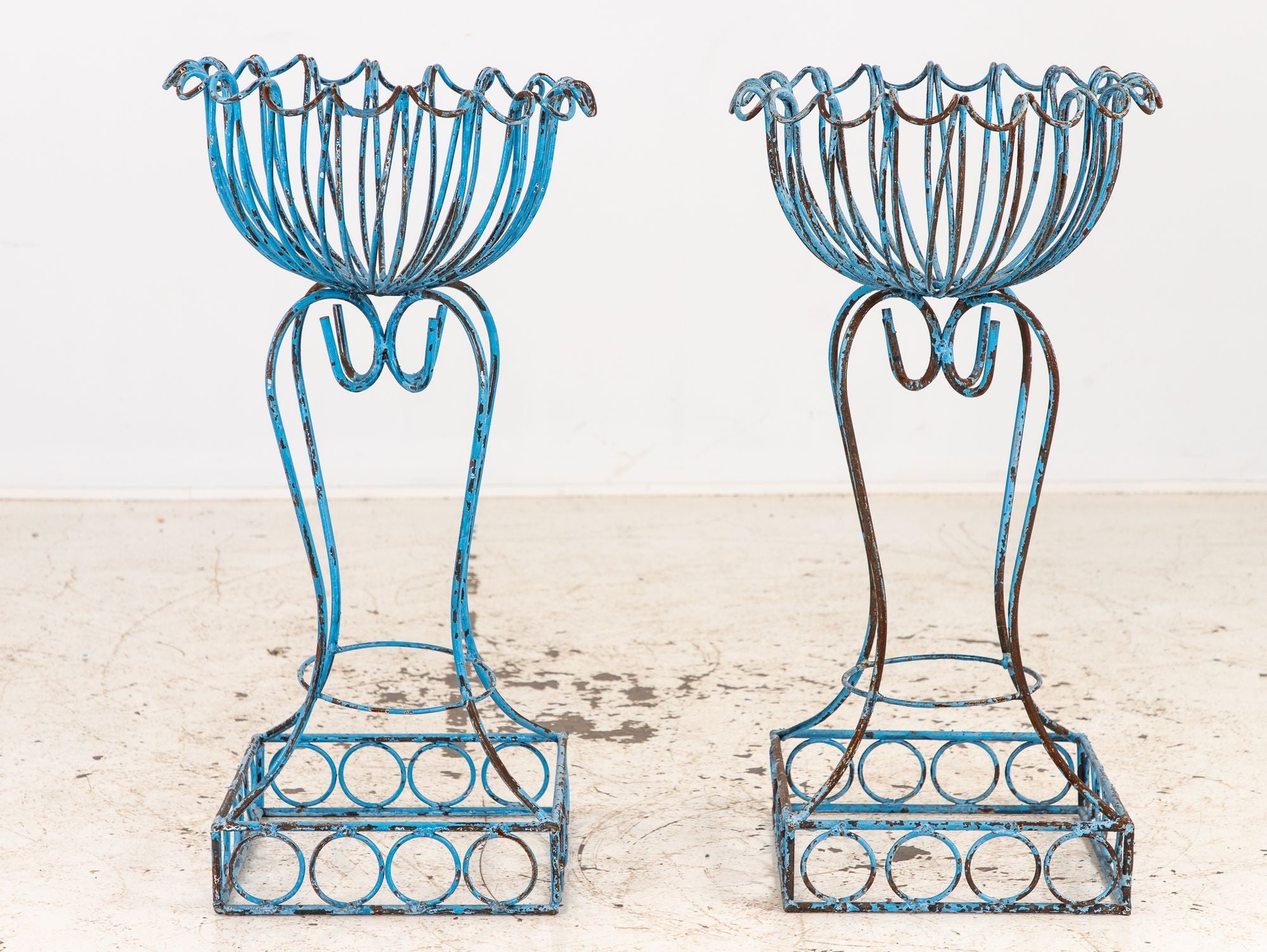 Pair of Blue Painted Iron Pedestal and Basket Planters, 1960s France