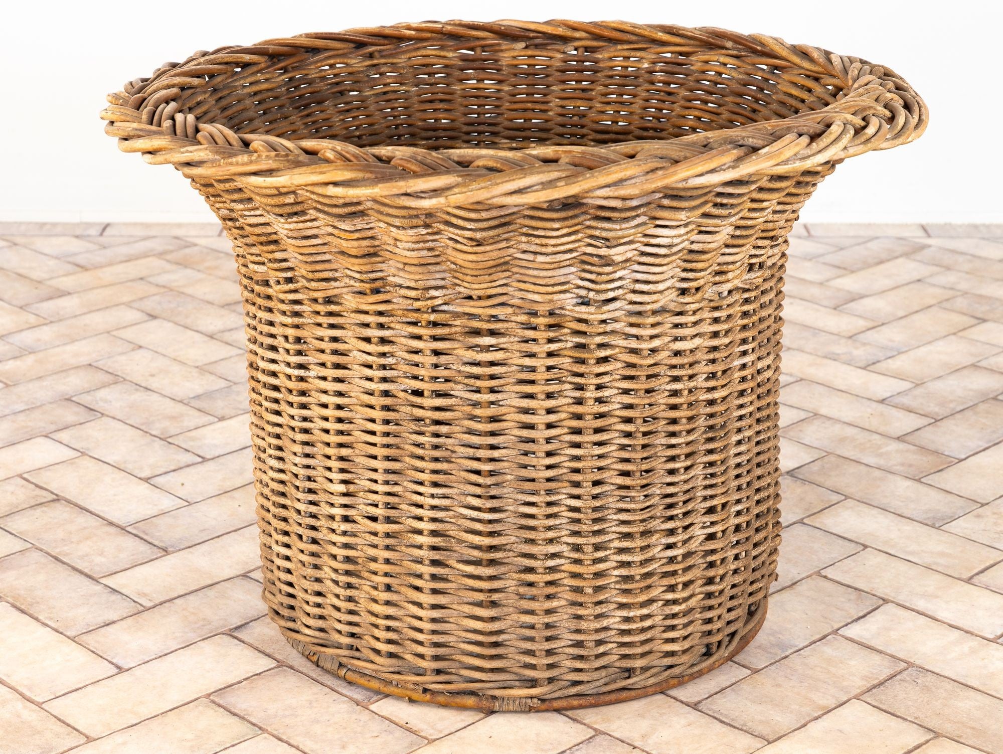 Vintage Round Wicker and Glass Side Table, France 1960s