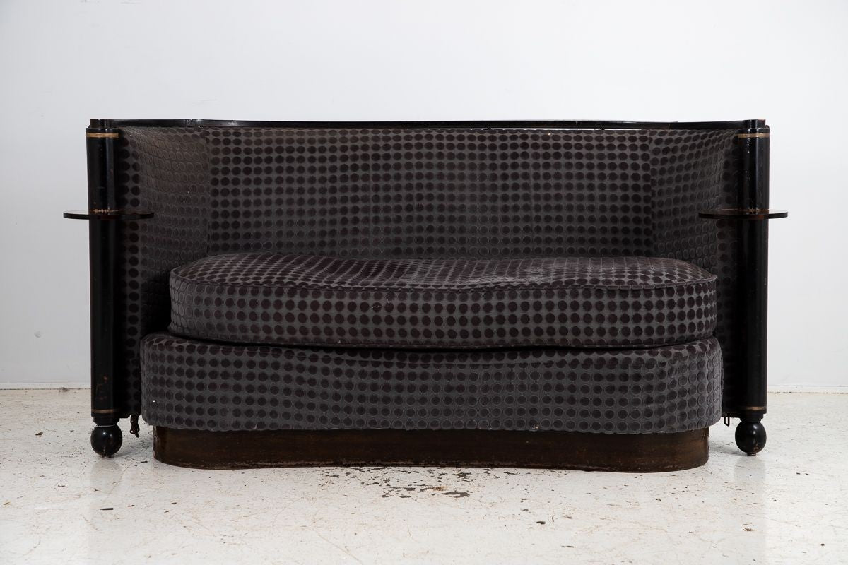 Art Deco Blue Velvet Sofa with Attached Lucite Drinks Tables, France 1930s