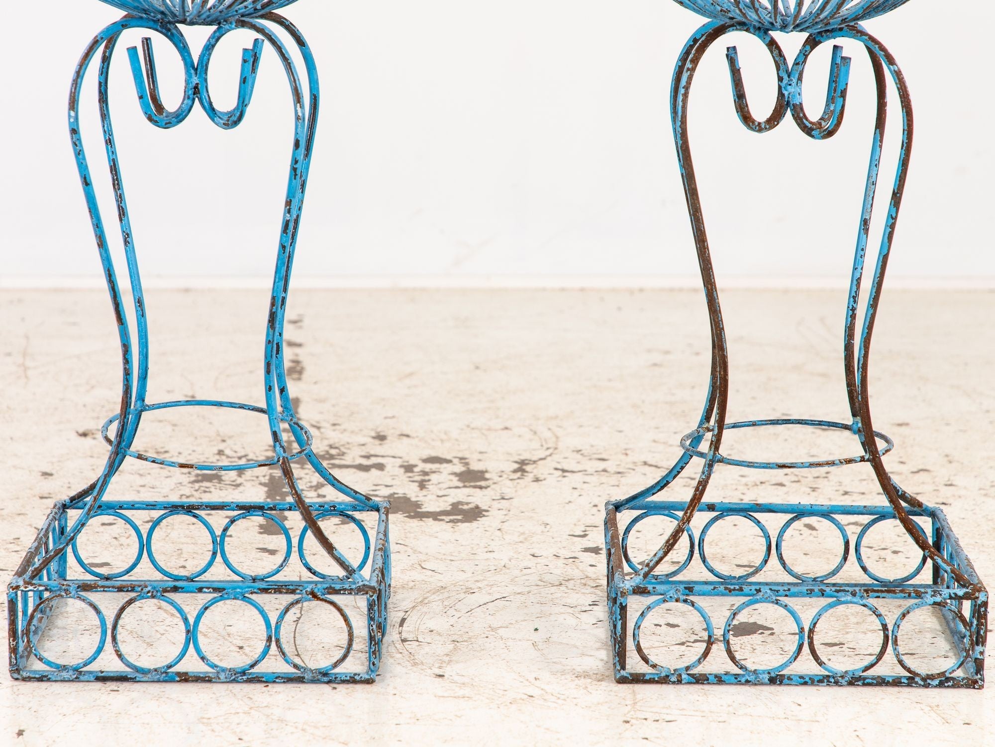 Pair of Blue Painted Iron Pedestal and Basket Planters, 1960s France