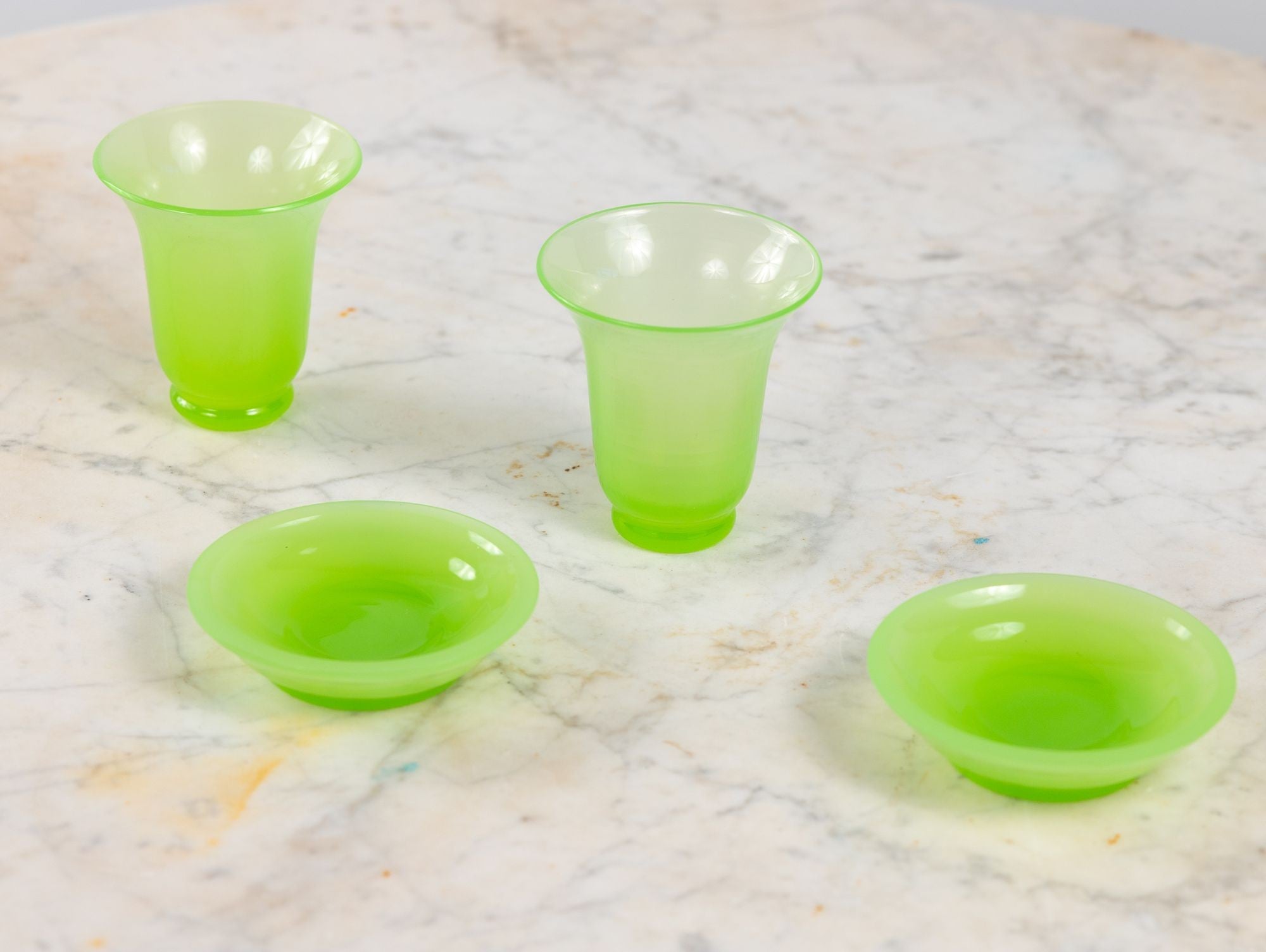Opaline Lime Green Glass Vase and Dish, France 1920s