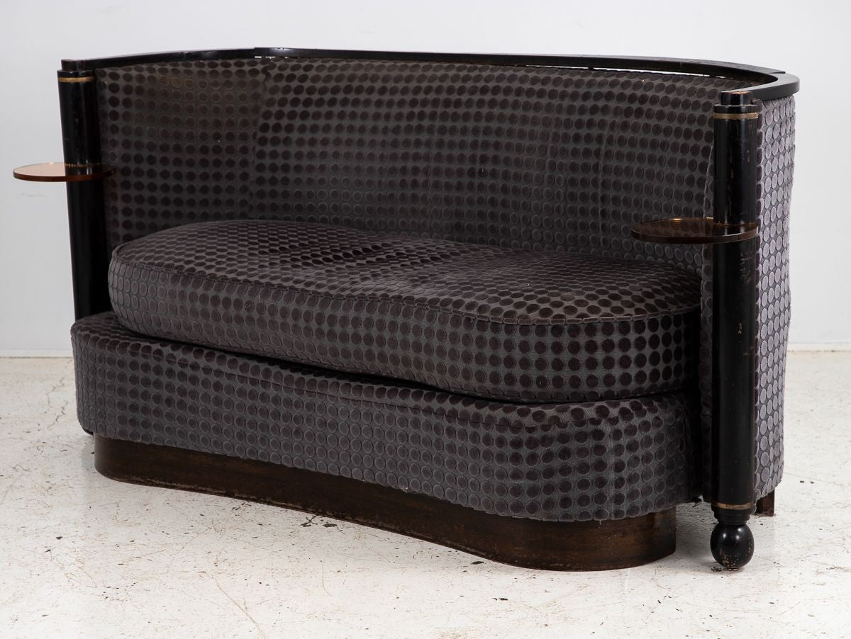 Art Deco Blue Velvet Sofa with Attached Lucite Drinks Tables, France 1930s