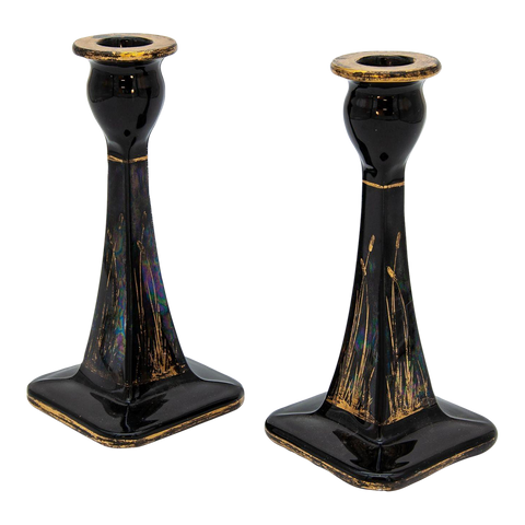 1970s Black & Gold Candle Holders, Pair