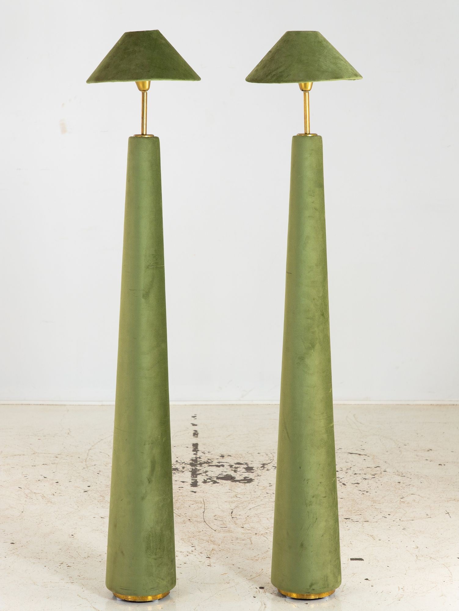Pair of Moss Green Velvet Floor Lamps, French Late 20th C.