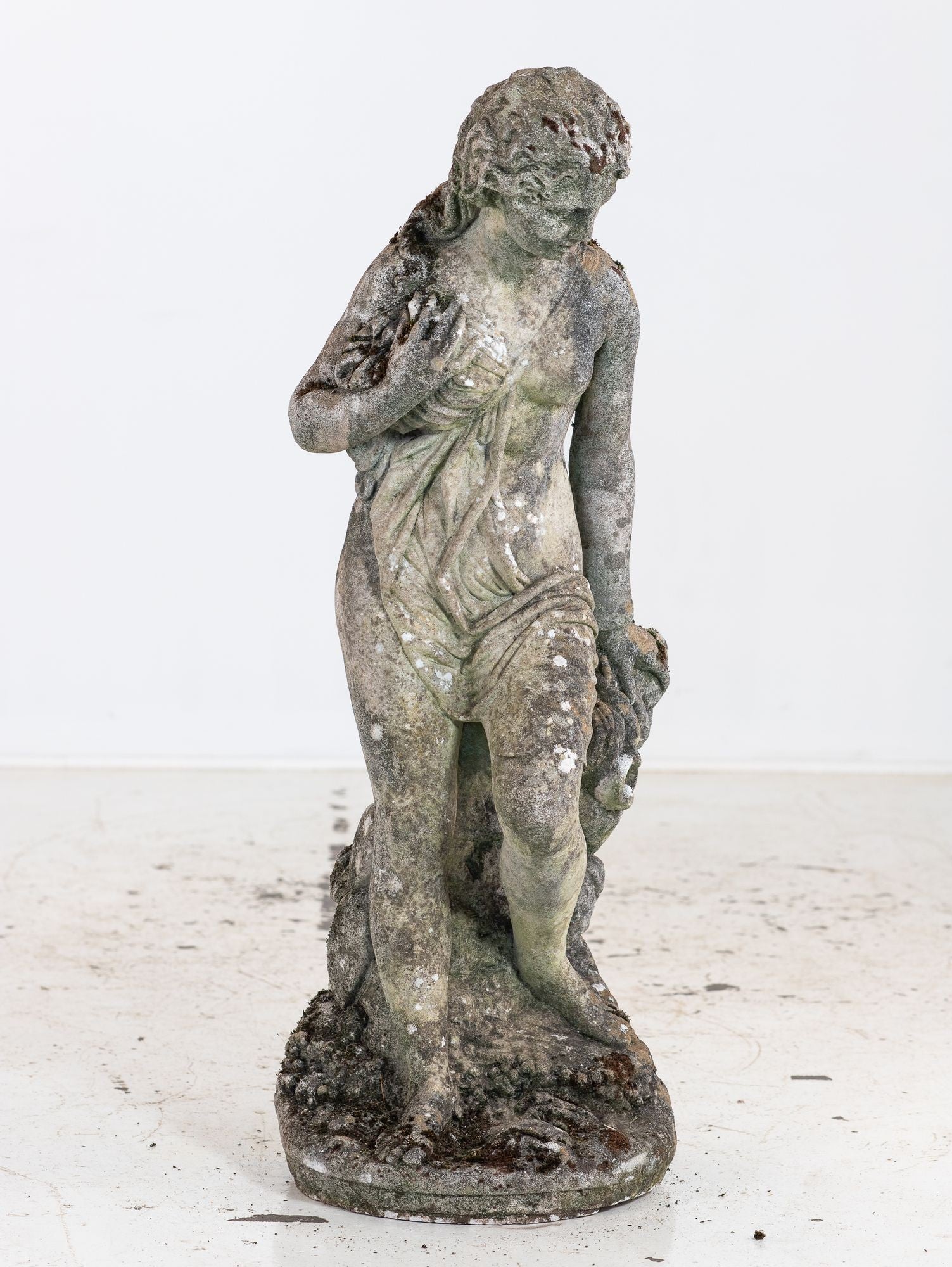 Composite Stone Weathered Garden Statue of Maiden or Goddess, England Mid 20th C.