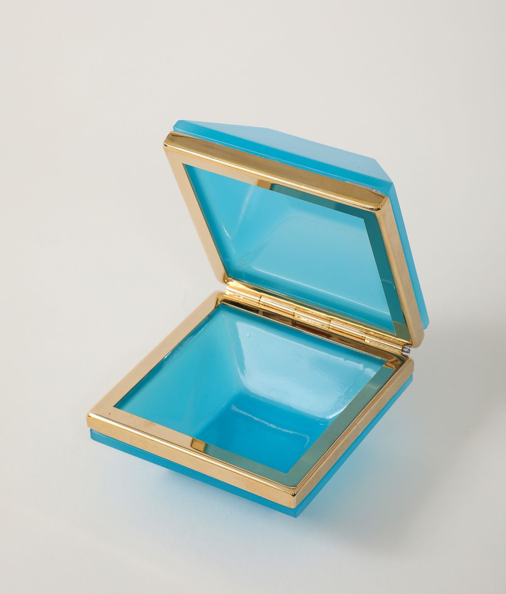 Antique French Turquoise Beveled Square Opaline Box, Early 20th C.