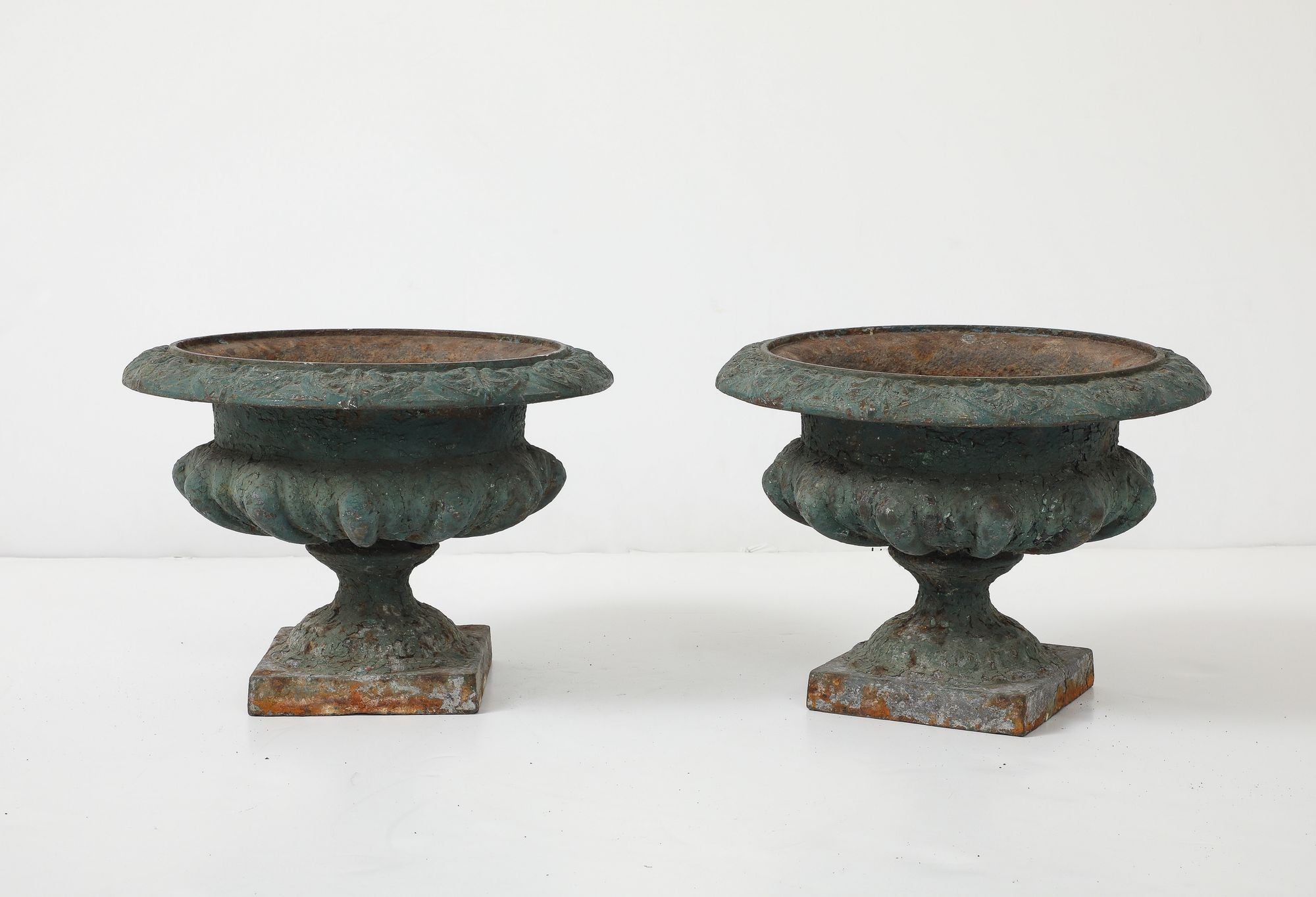 Pair Green Cast iron Urns, France Early 20th C.