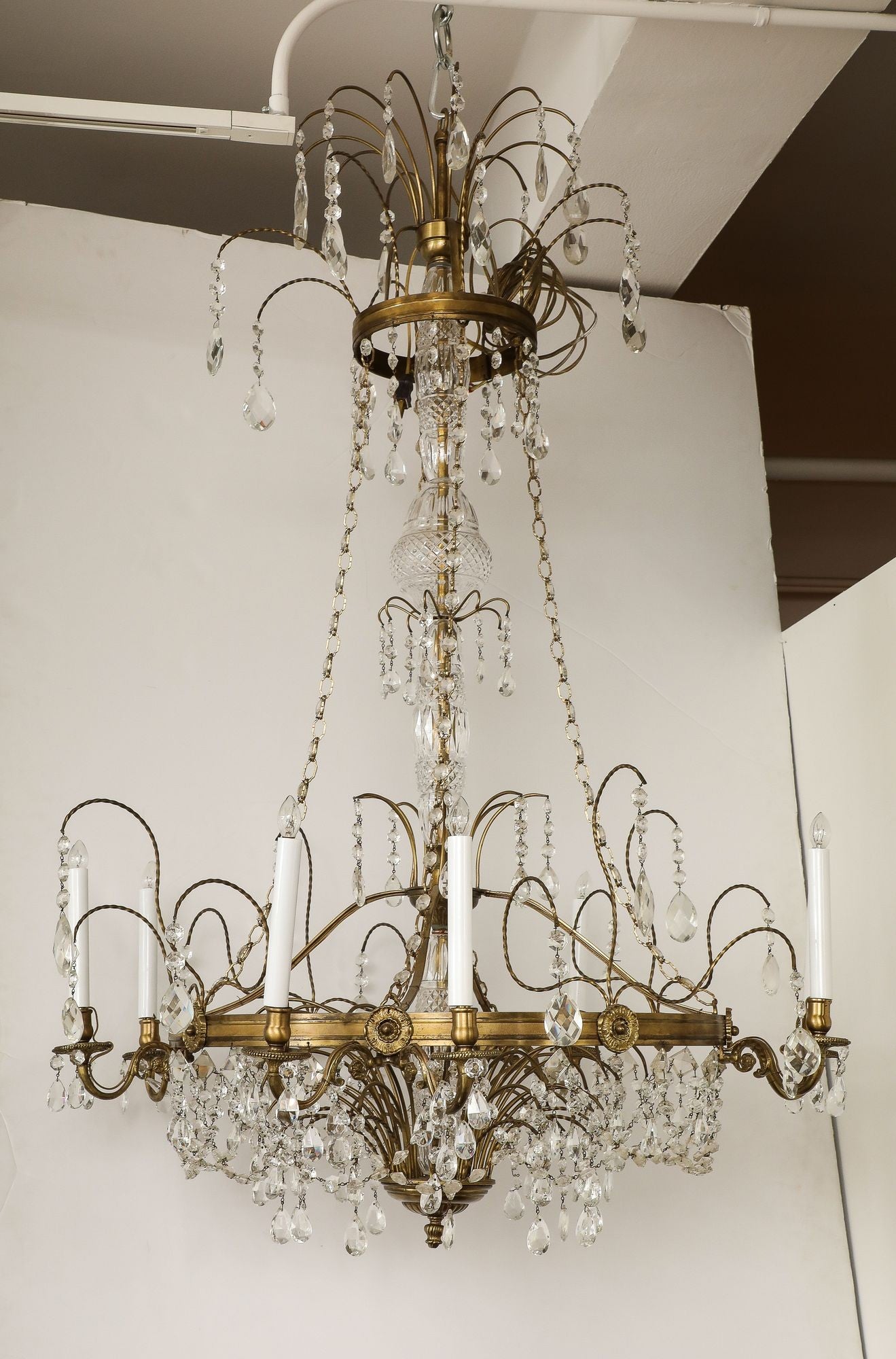Eight Armed Crystal and Brass Chandelier, Early 20th C.