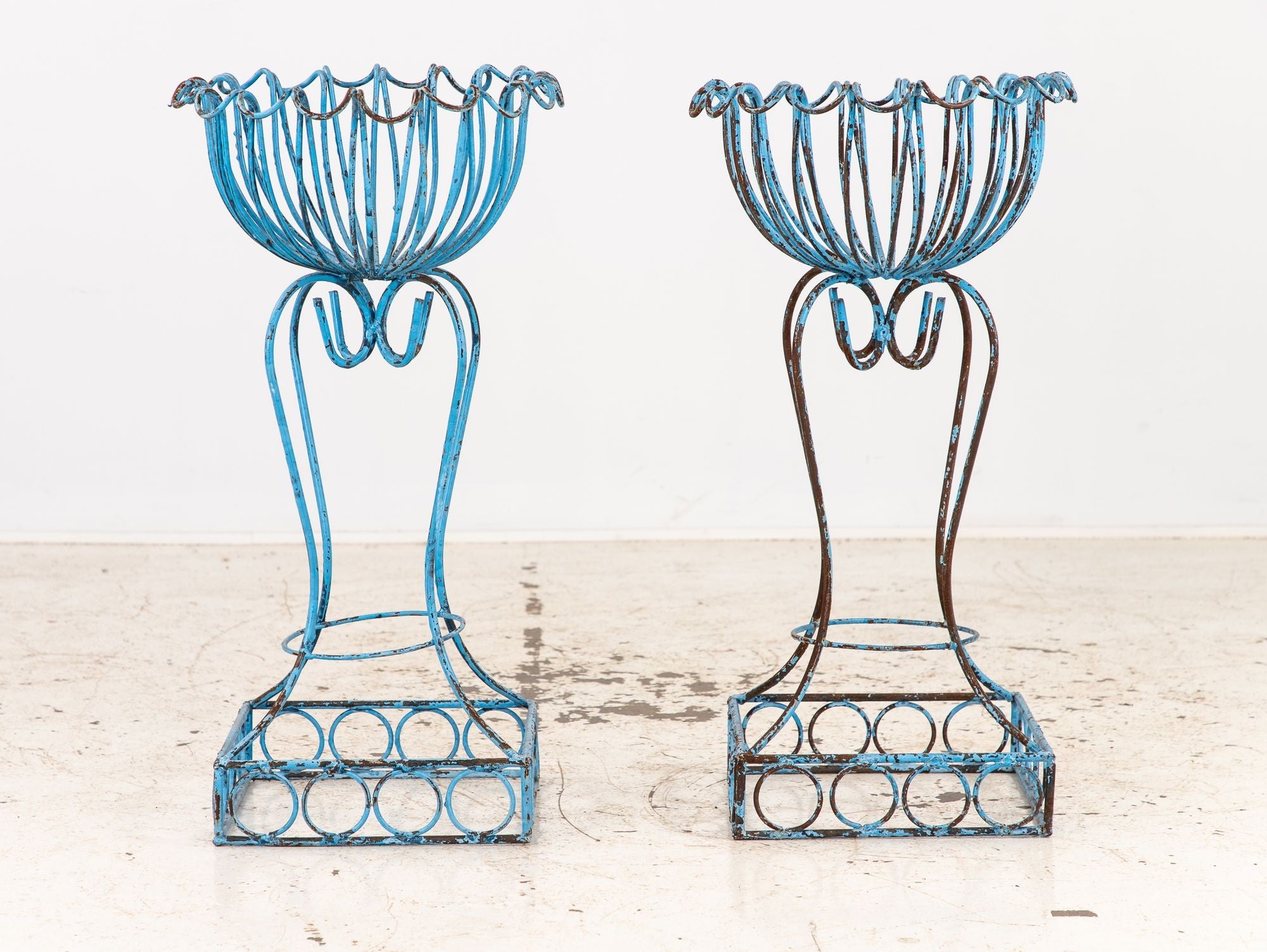 Pair of Blue Painted Iron Pedestal and Basket Planters, 1960s France