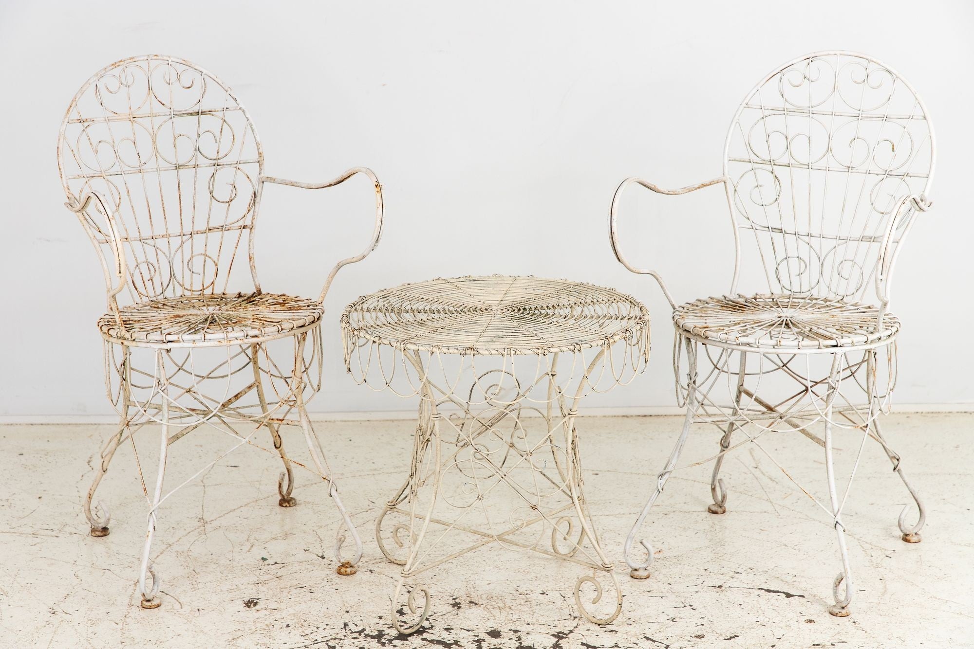 Victorian Style White Wirework Pair of Chairs and Cafe Table, France 1960