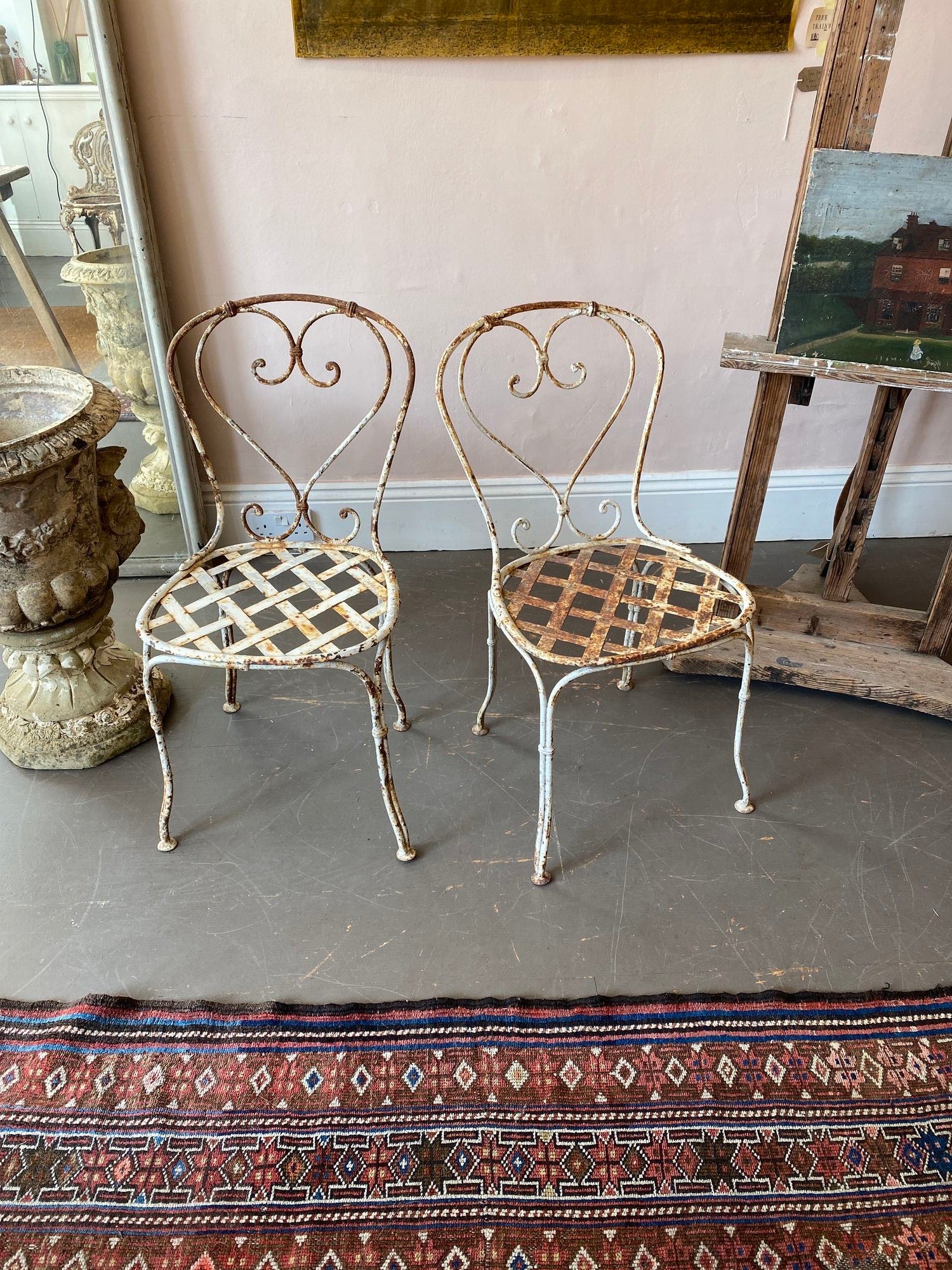 French Metal Strapwork Bistro Chairs, Pair, Mid 20th C.
