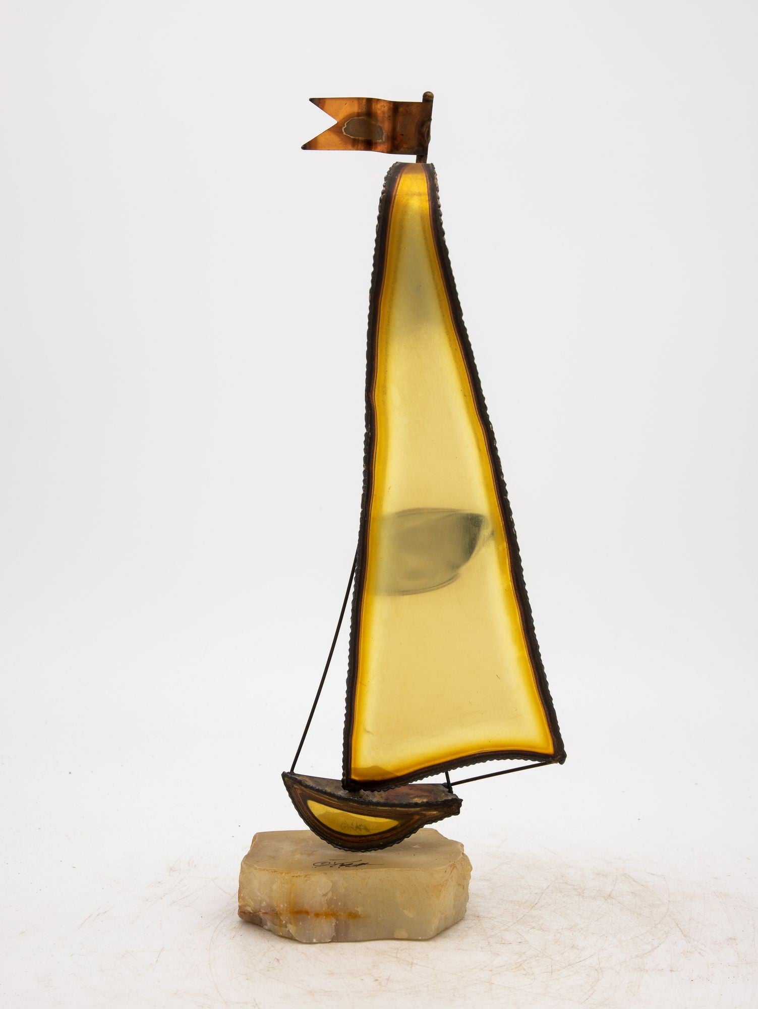 Vintage Brutalist Style Brass Sailboat on Onyx Base, Signed by Demott, 20th Century