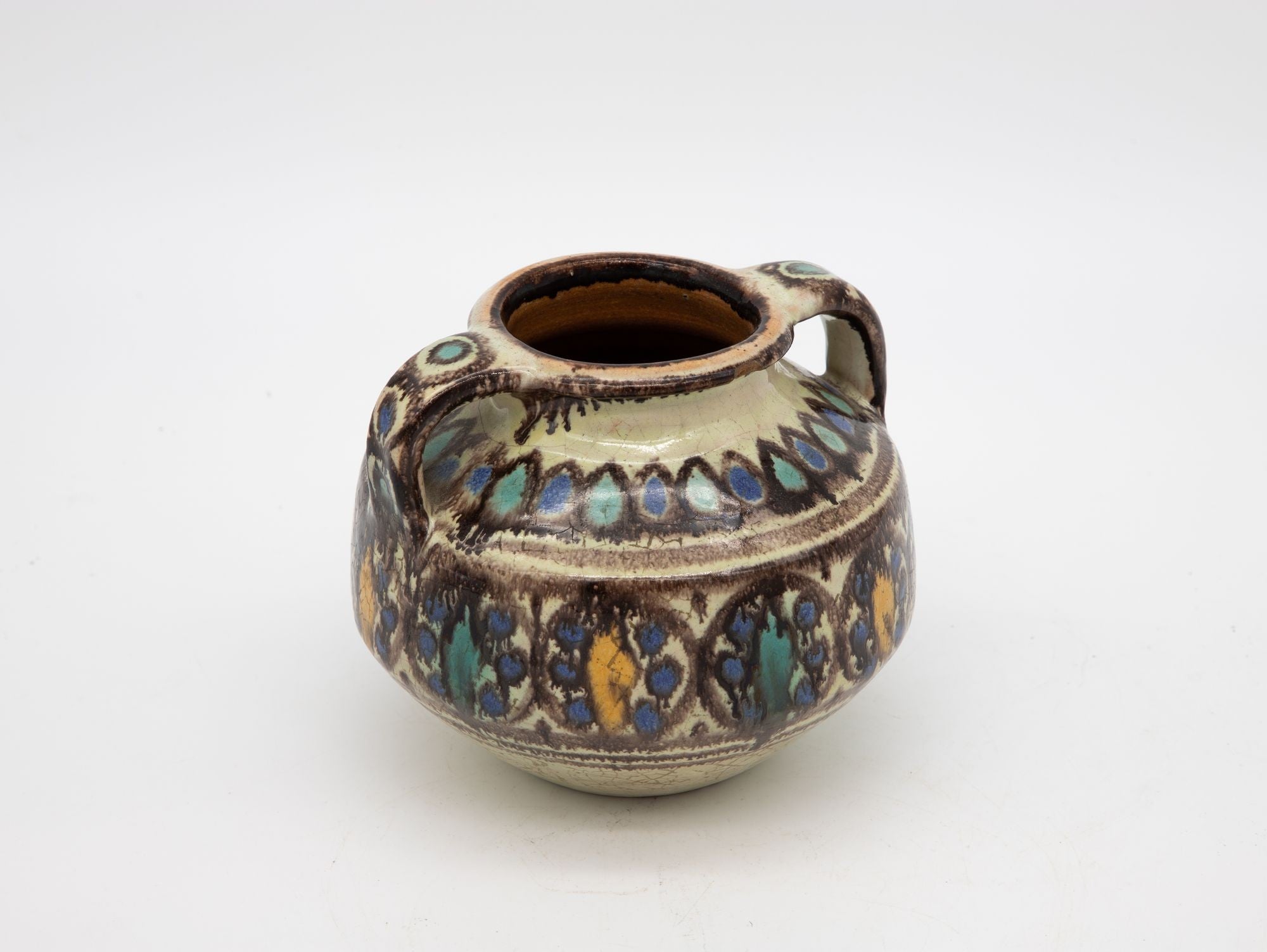 Brown, Blue, and Yellow Two Handled Vase