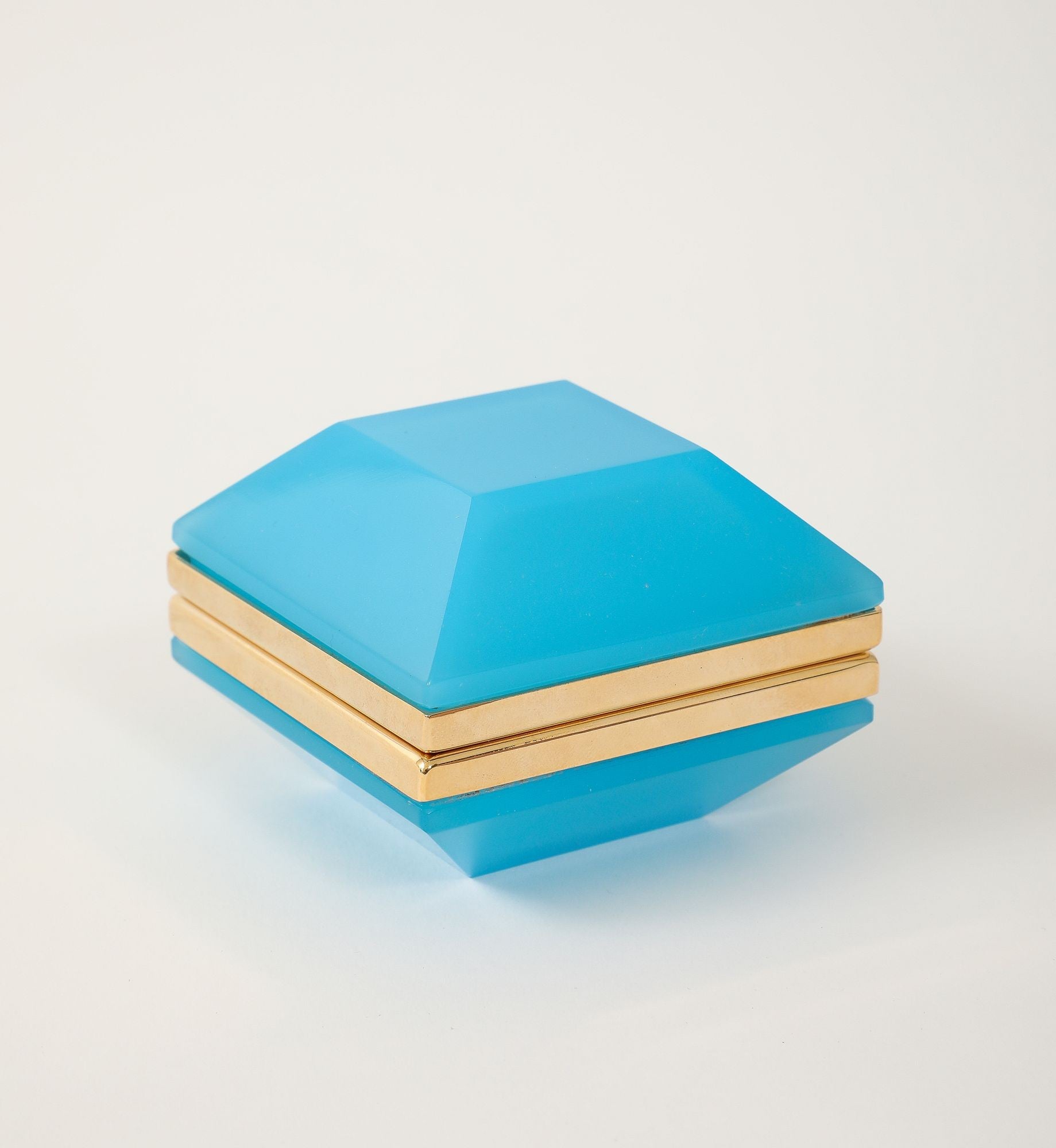 Antique French Turquoise Beveled Square Opaline Box, Early 20th C.
