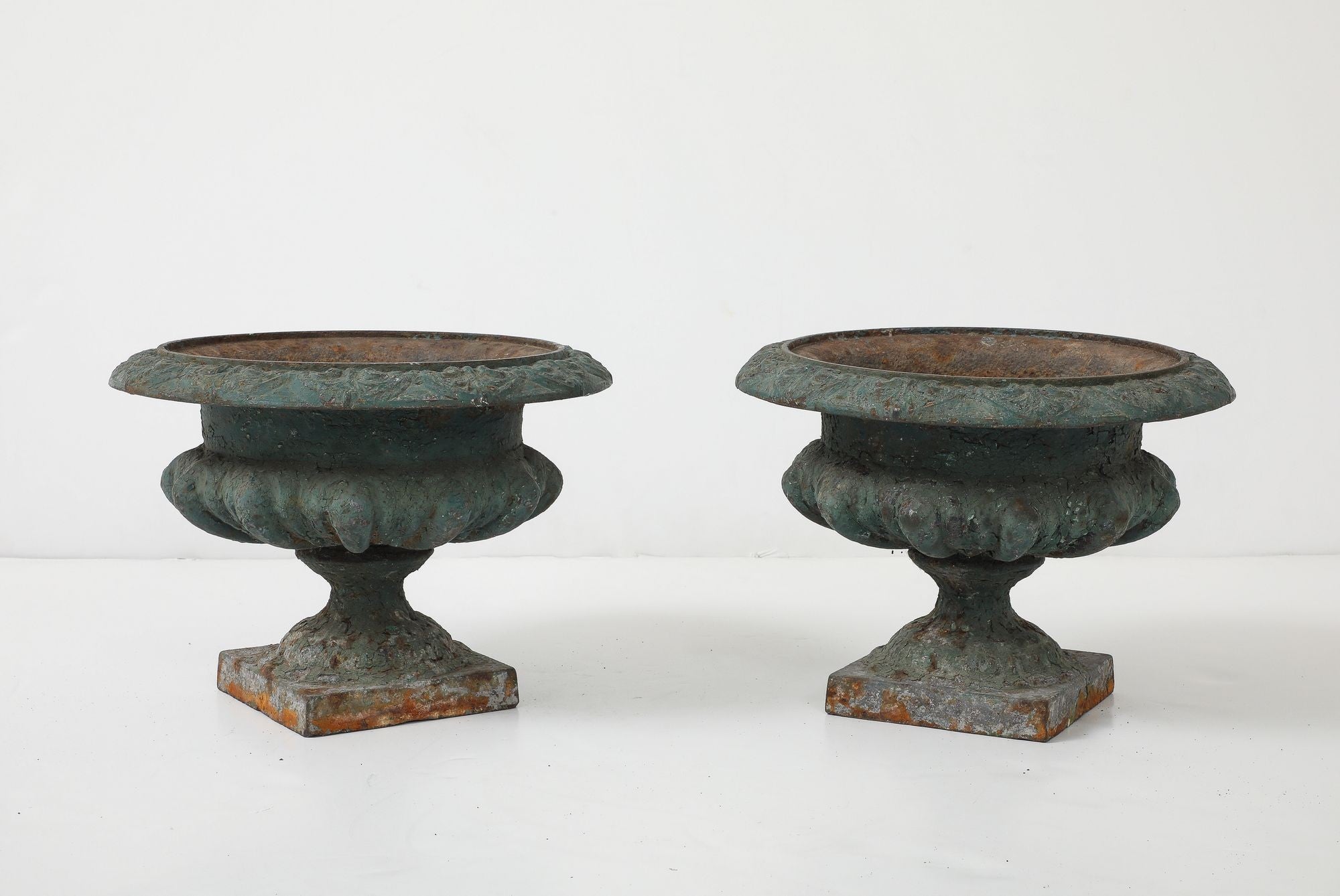 Pair Green Cast iron Urns, France Early 20th C.