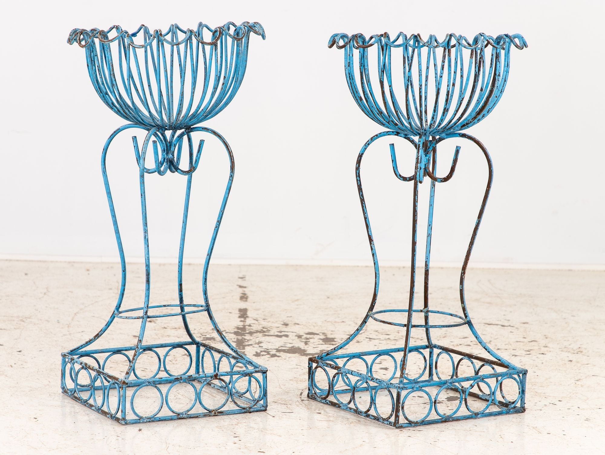 Pair of Blue Painted Iron Pedestal and Basket Planters, 1960s France