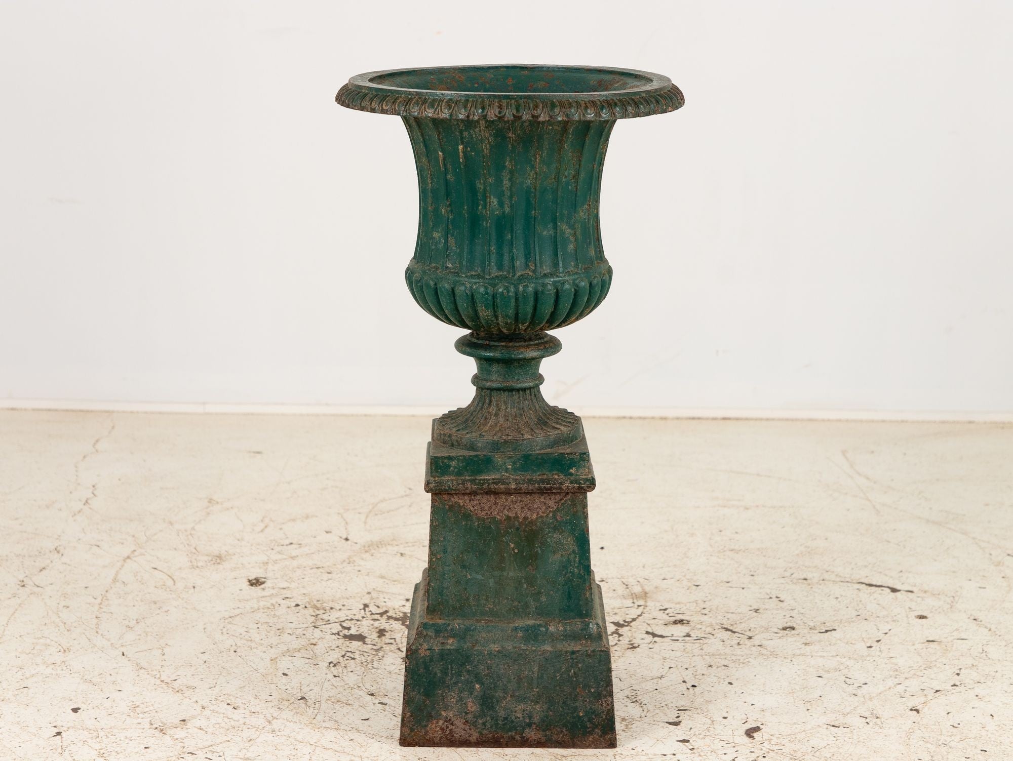 French Neoclassical Style Green Cast Iron Urn on Stand, Mid 20th C.