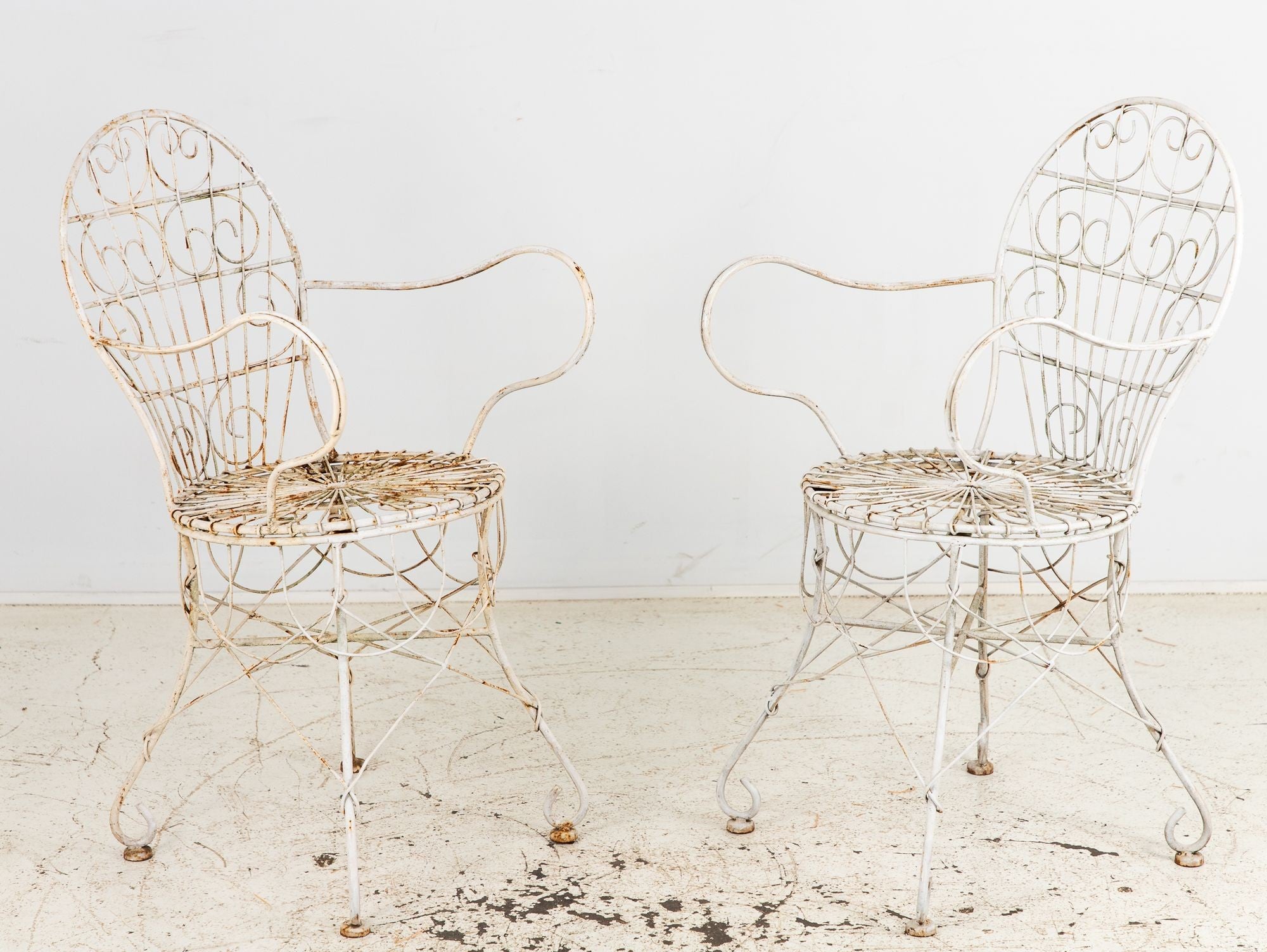 Victorian Style White Wirework Pair of Chairs and Cafe Table, France 1960