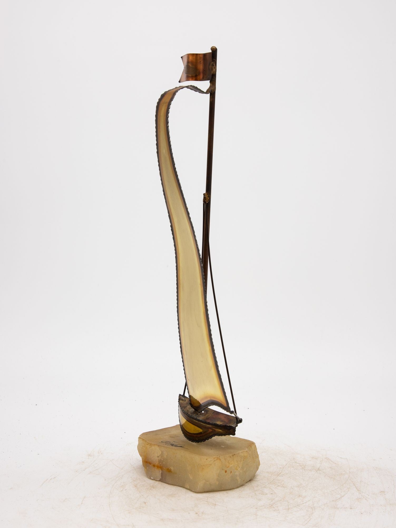 Vintage Brutalist Style Brass Sailboat on Onyx Base, Signed by Demott, 20th Century