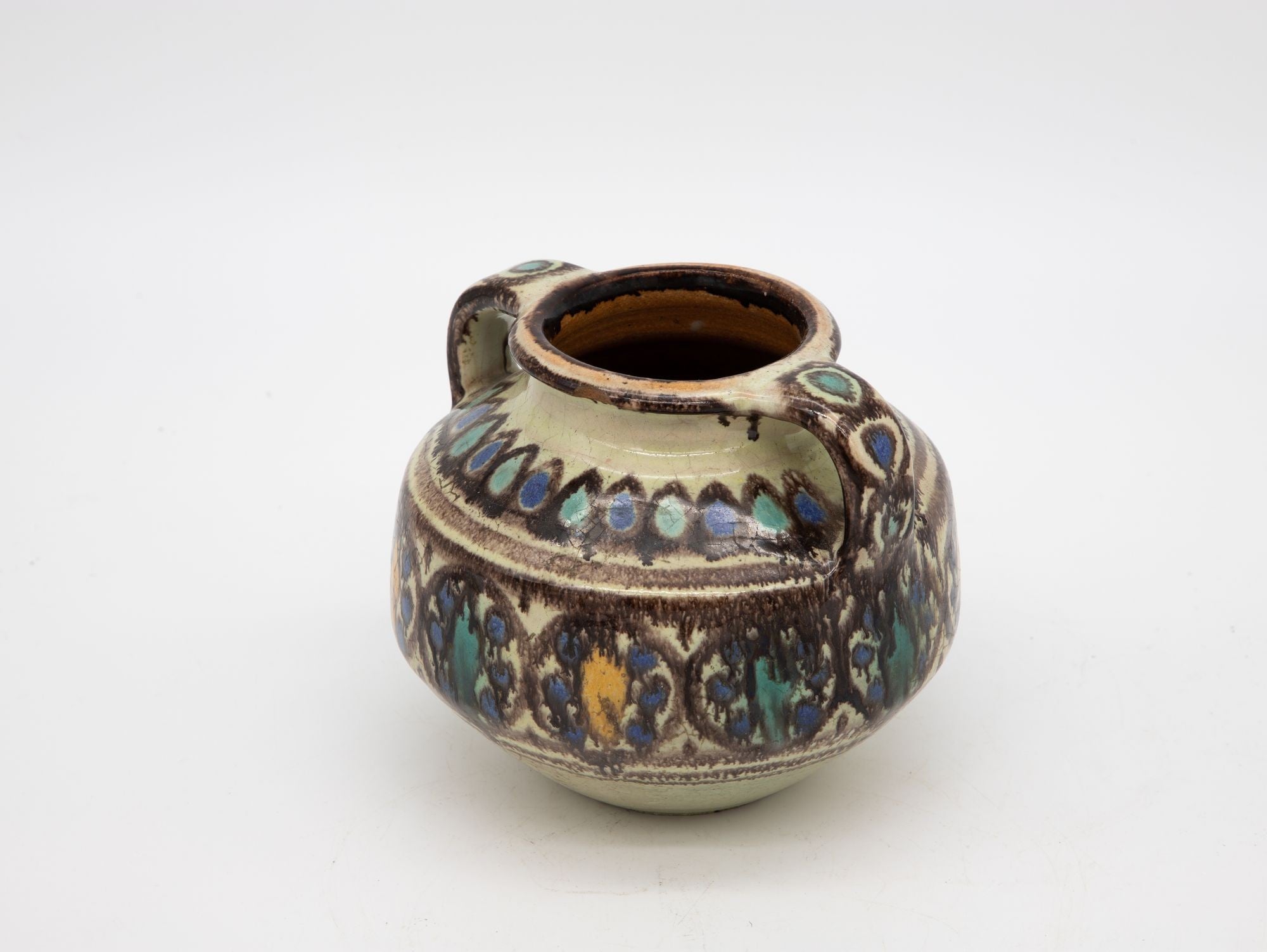 Brown, Blue, and Yellow Two Handled Vase