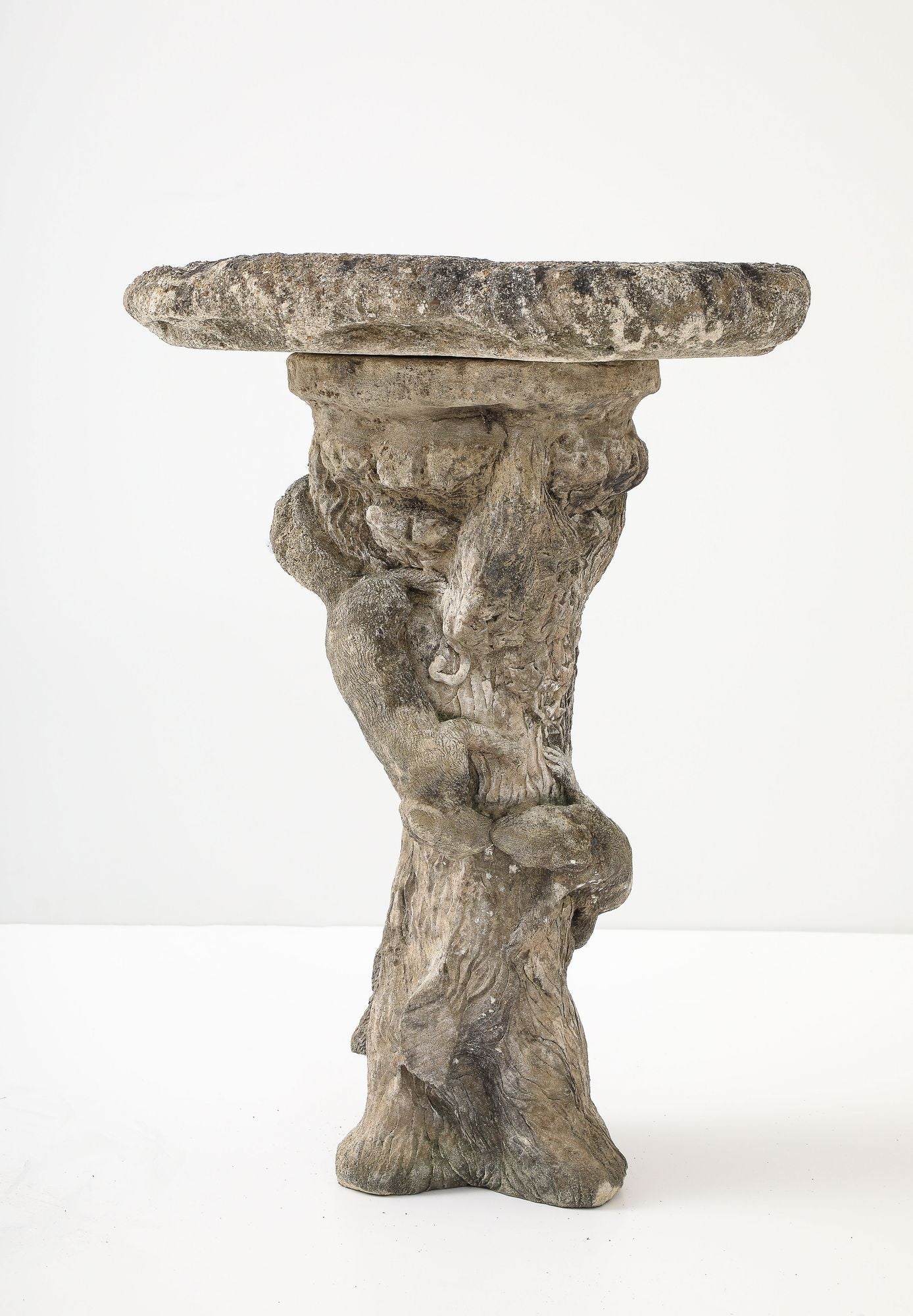 Composite Stone Faux Bois Birdbath with Squirrels Garden Ornament, English 20th C.