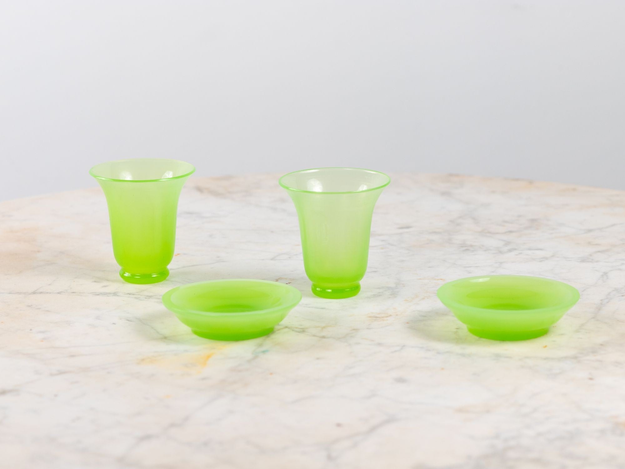 Opaline Lime Green Glass Vase and Dish, France 1920s