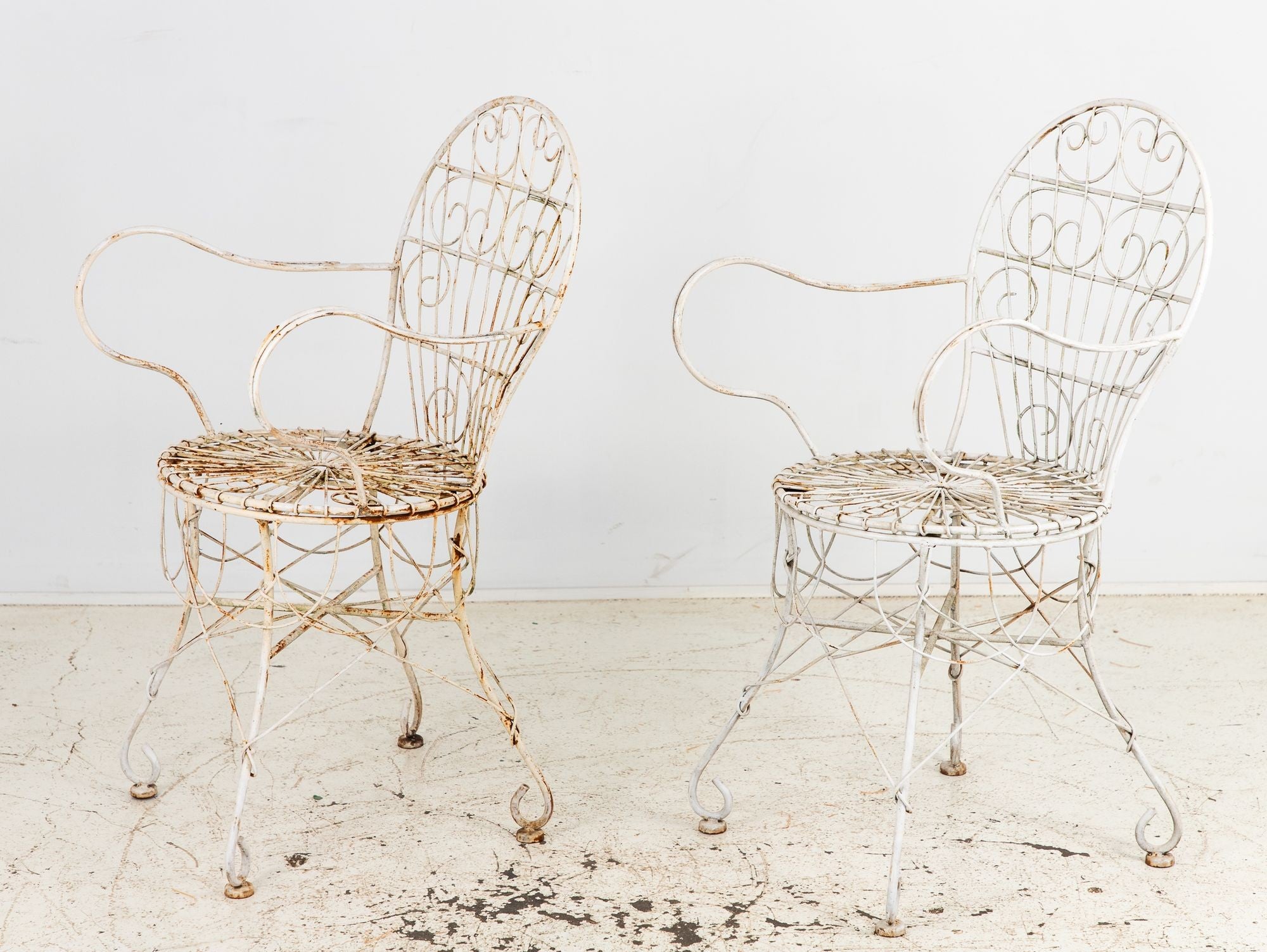 Victorian Style White Wirework Pair of Chairs and Cafe Table, France 1960