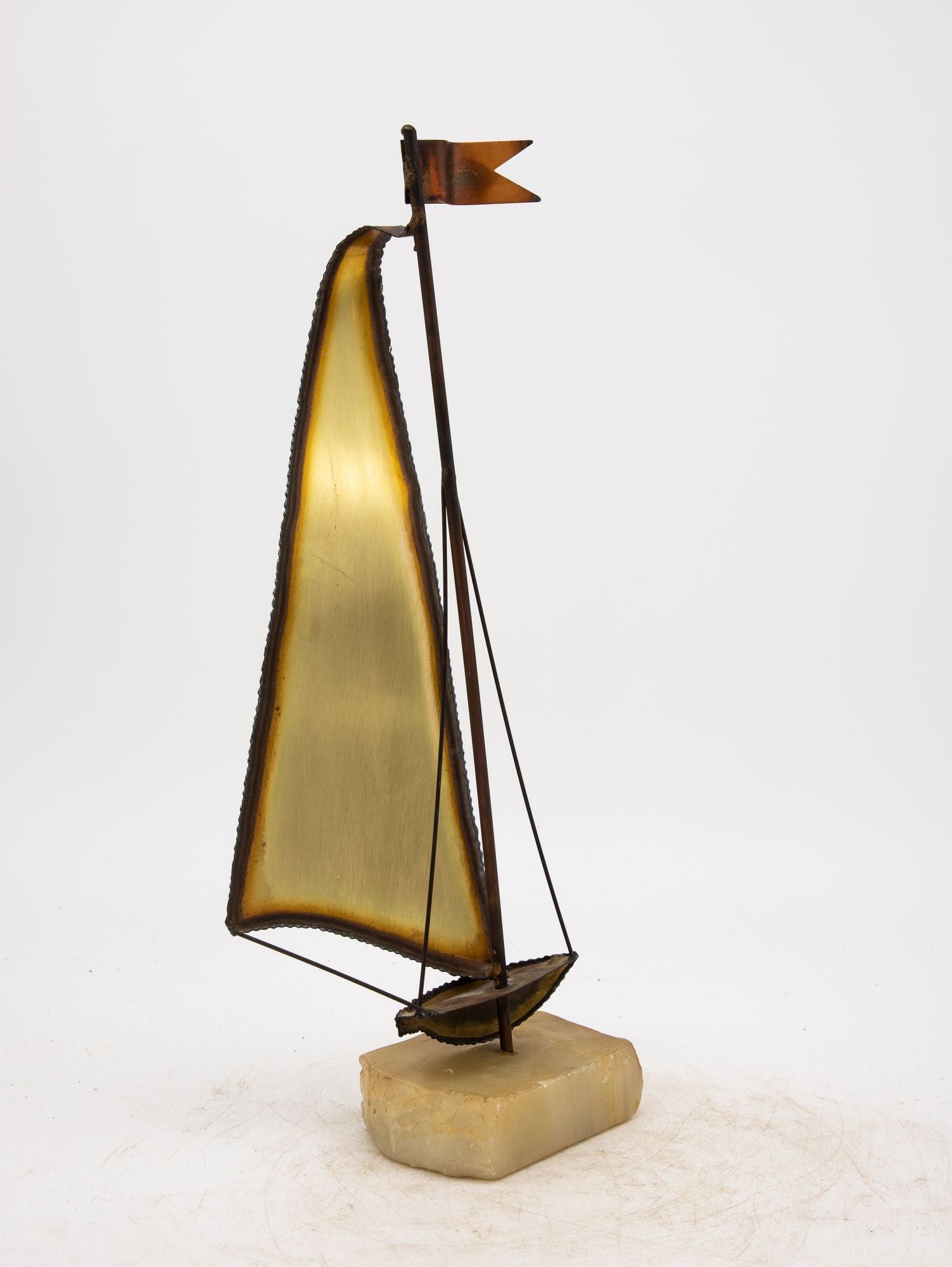 Vintage Brutalist Style Brass Sailboat on Onyx Base, Signed by Demott, 20th Century