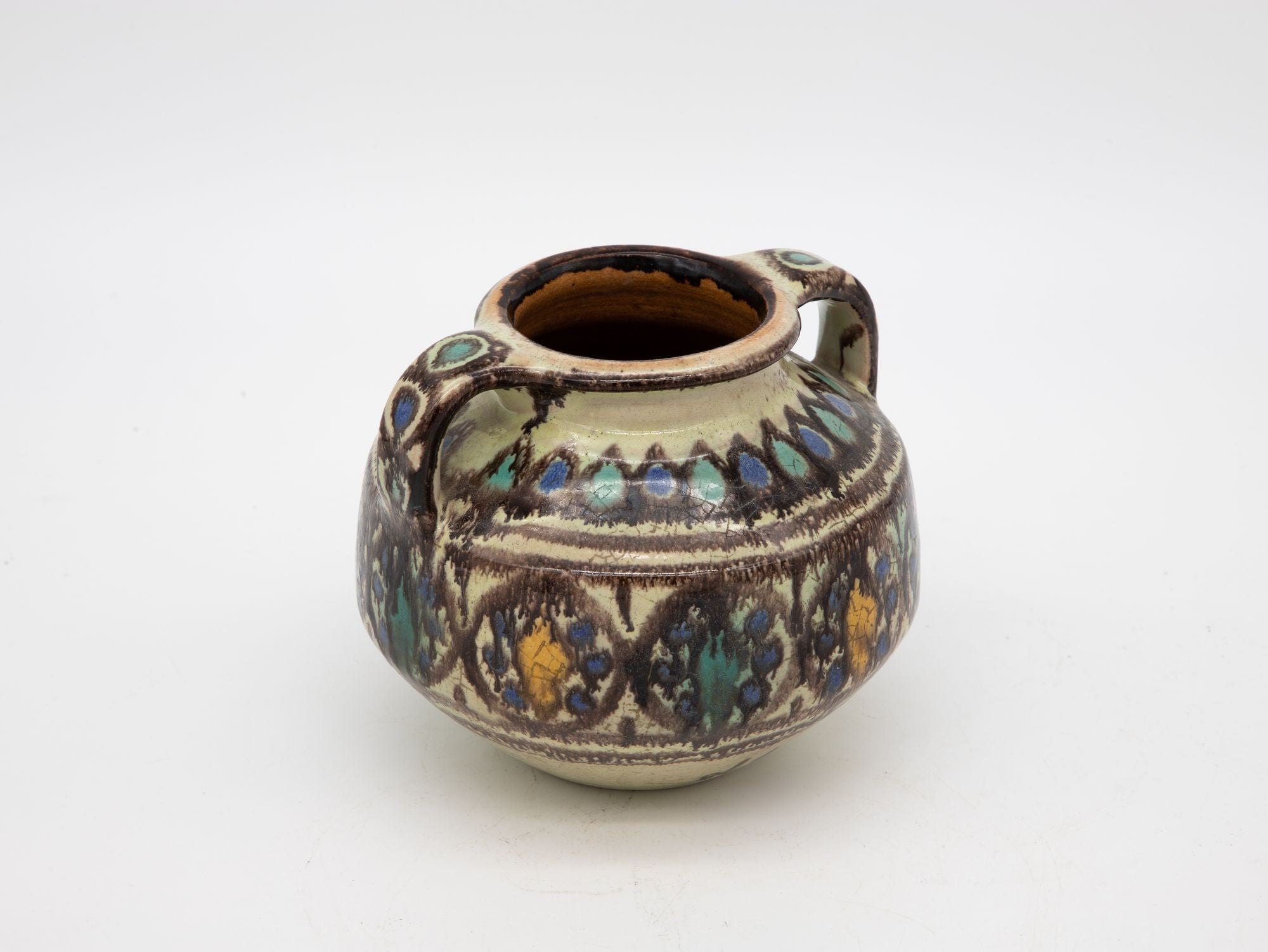 Brown, Blue, and Yellow Two Handled Vase