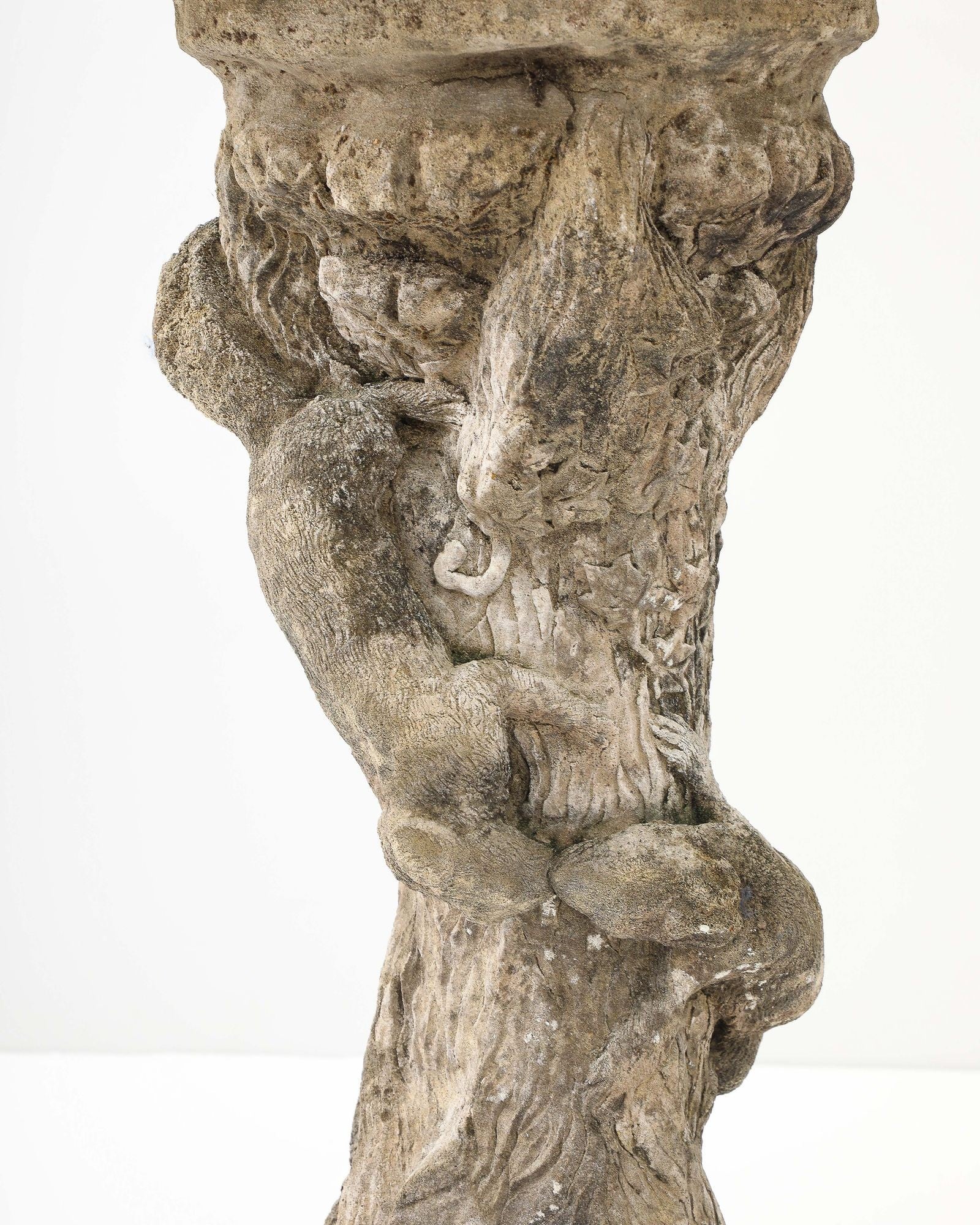 Composite Stone Faux Bois Birdbath with Squirrels Garden Ornament, English 20th C.