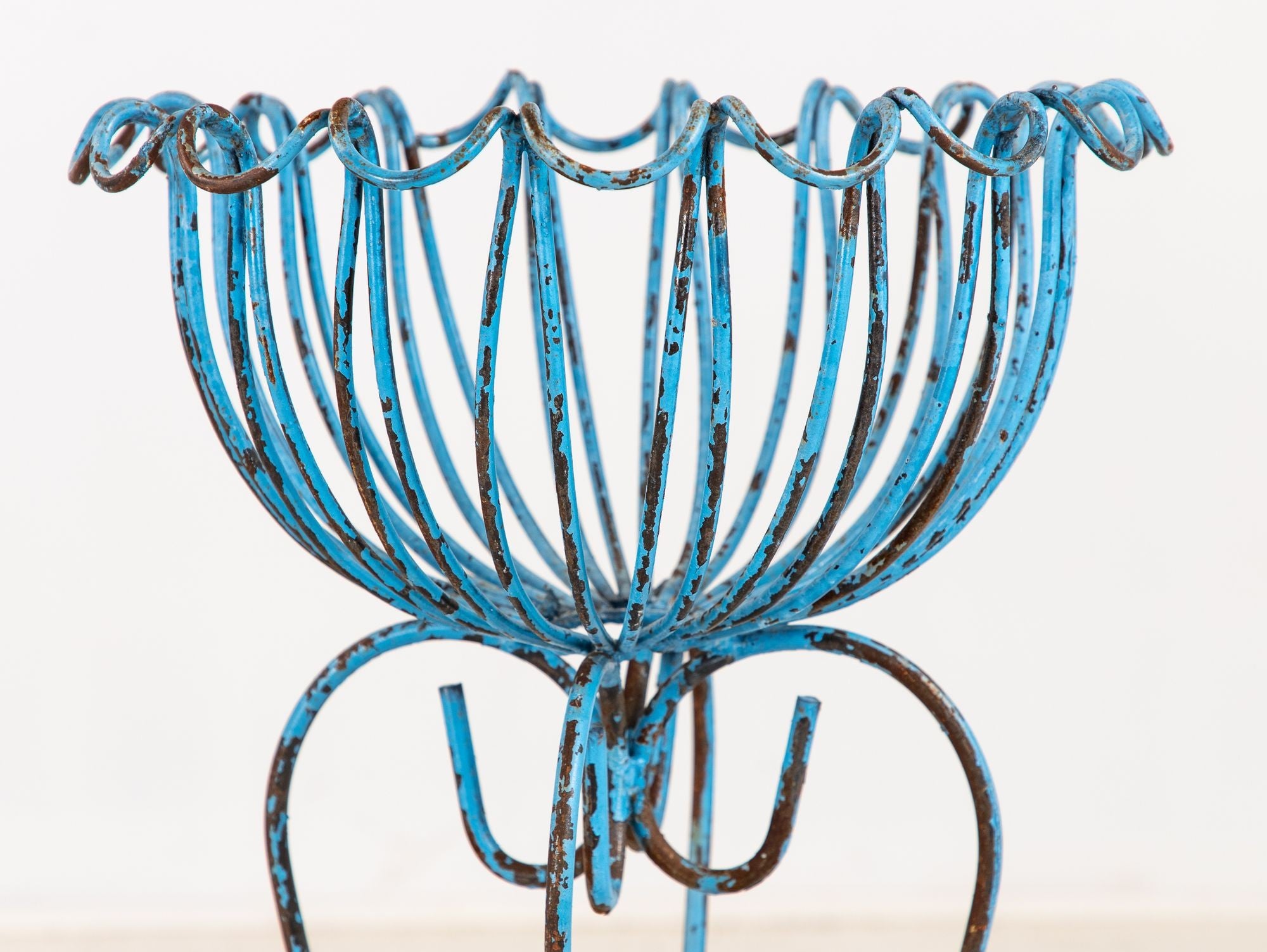 Pair of Blue Painted Iron Pedestal and Basket Planters, 1960s France