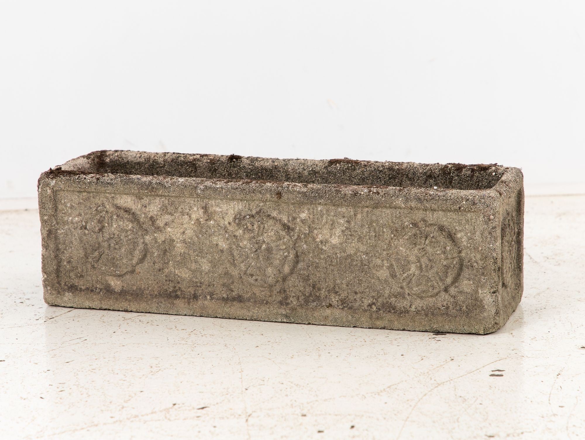 Rectangular Concrete Stone Planter with Tudor Rose Pattern, England mid 20th C.