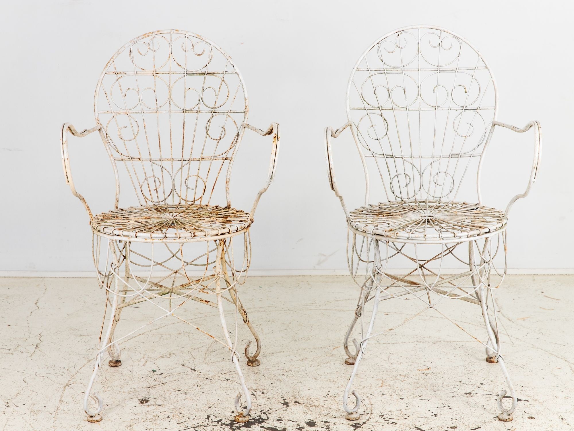 Victorian Style White Wirework Pair of Chairs and Cafe Table, France 1960