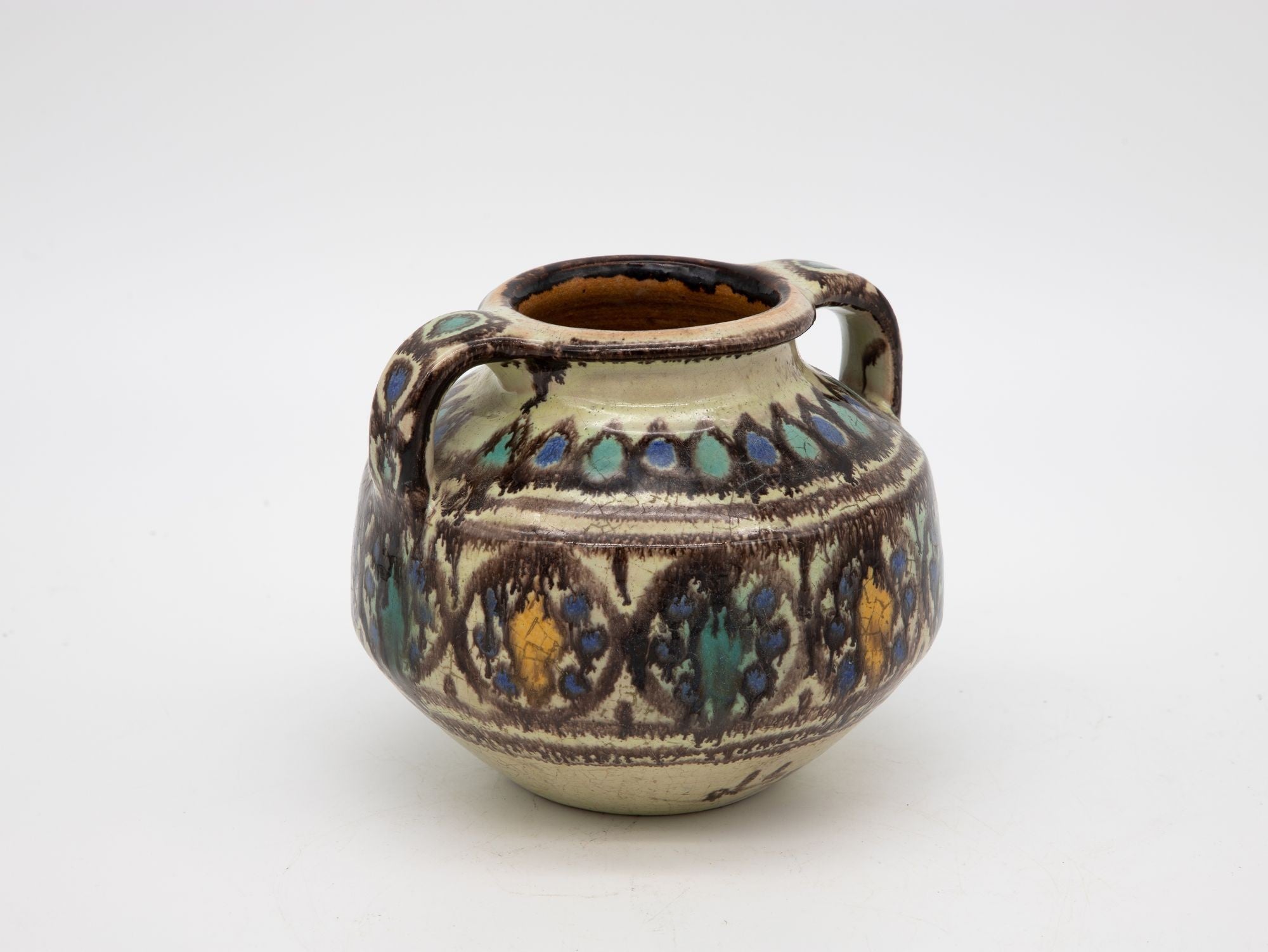 Brown, Blue, and Yellow Two Handled Vase