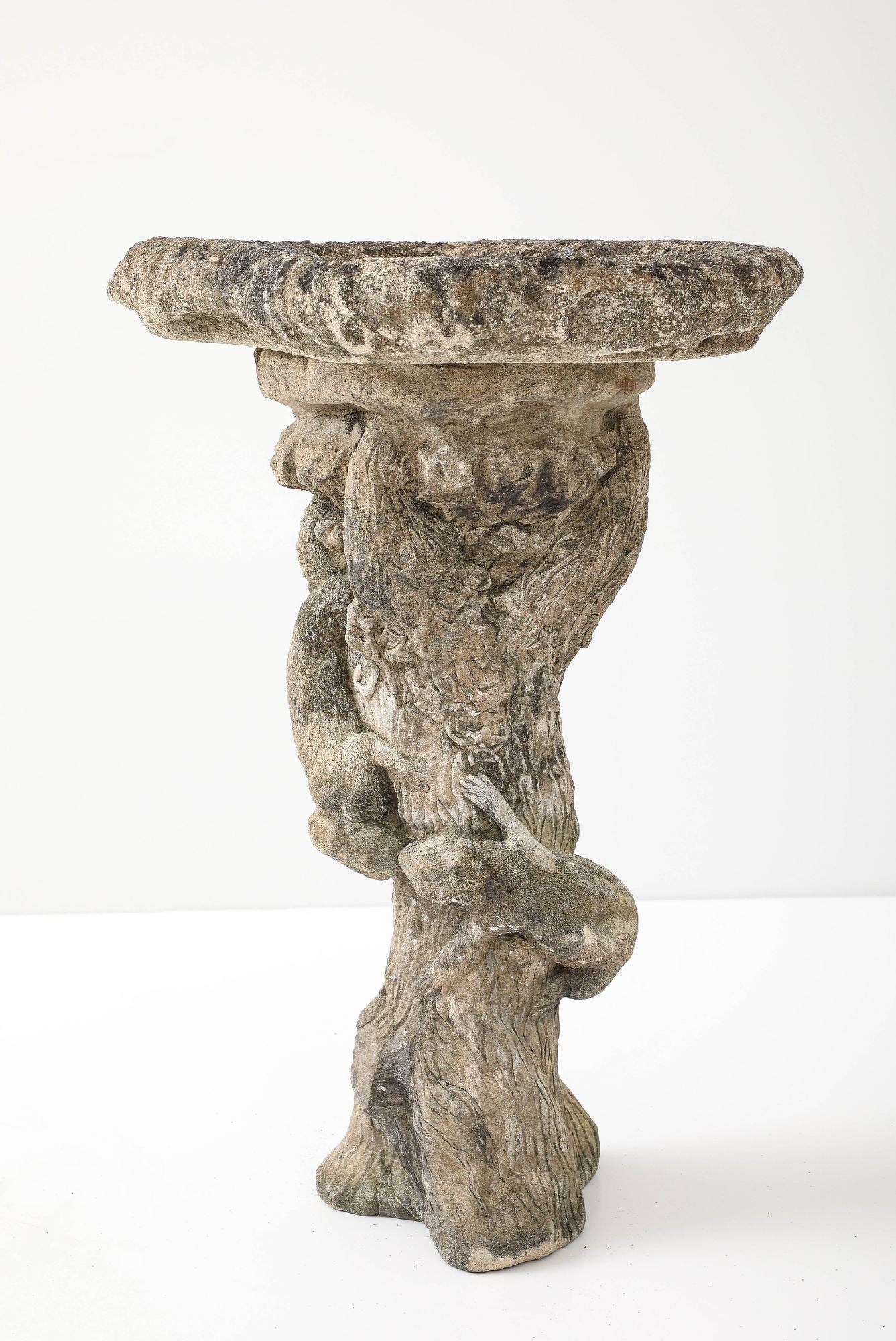 Composite Stone Faux Bois Birdbath with Squirrels Garden Ornament, English 20th C.