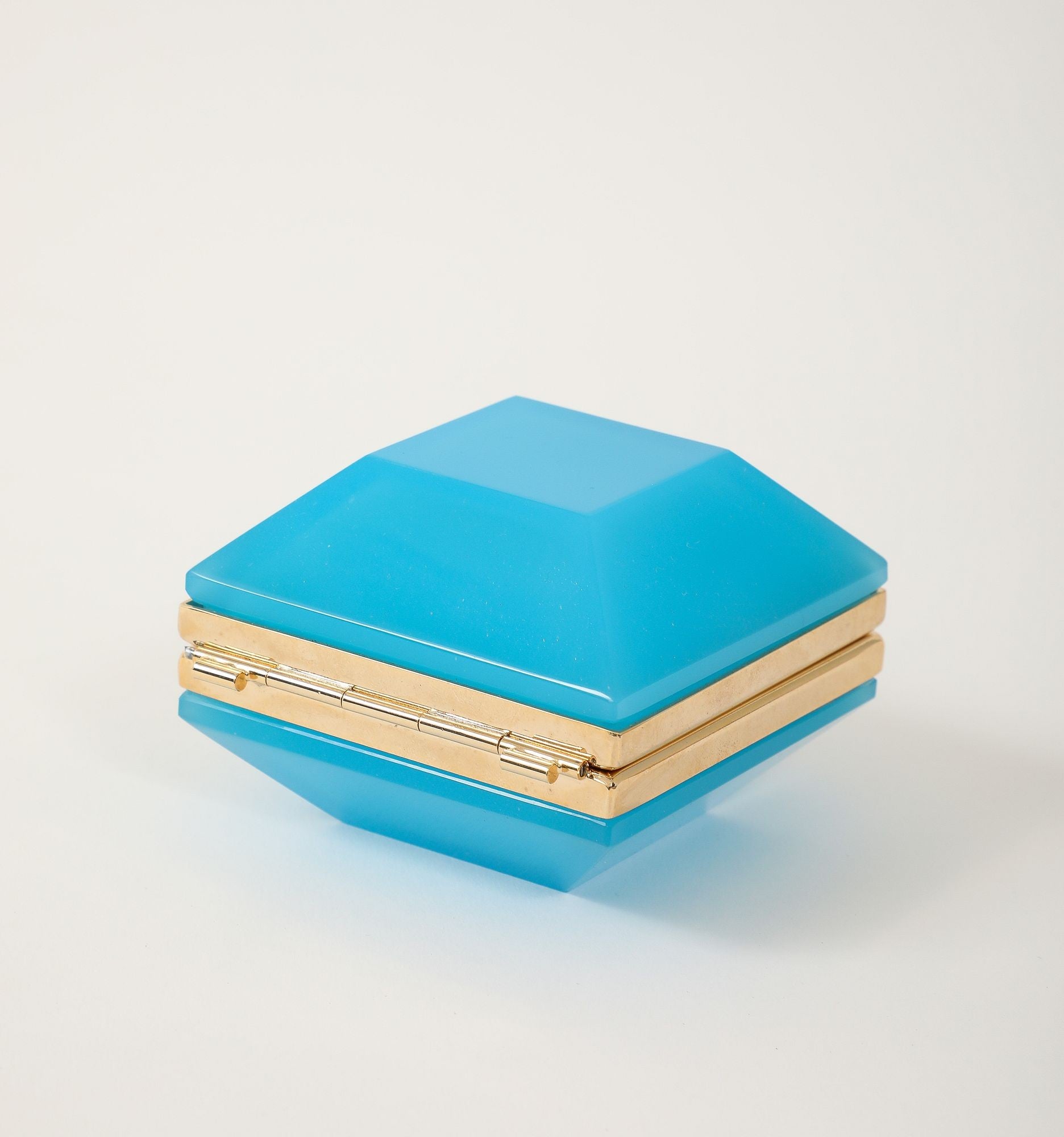 Antique French Turquoise Beveled Square Opaline Box, Early 20th C.