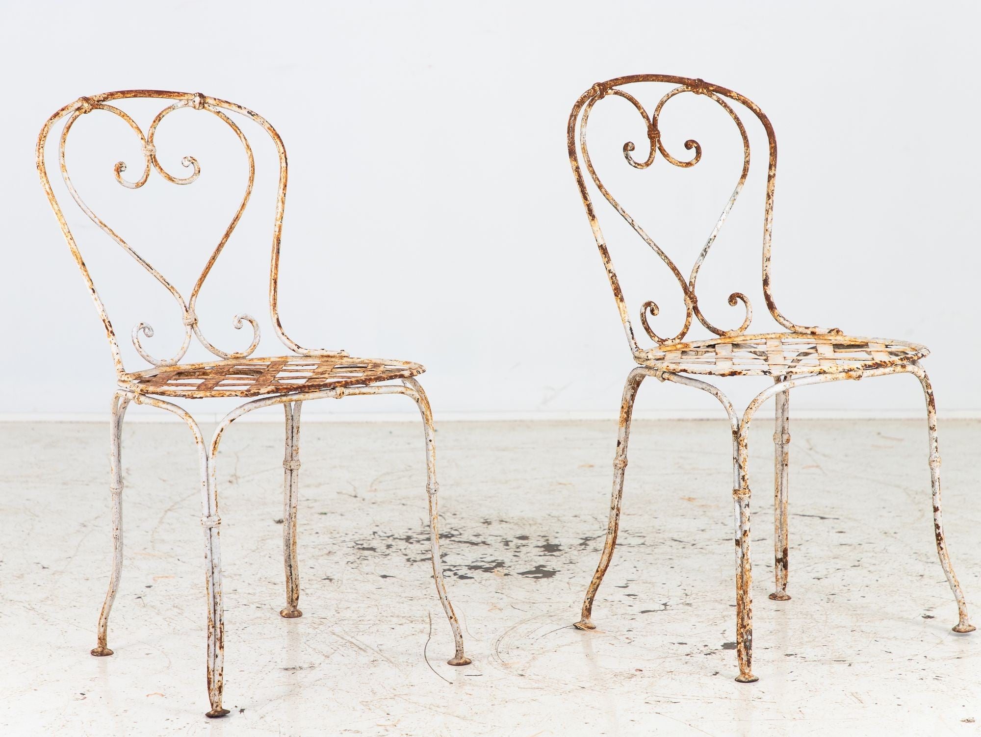 French Metal Strapwork Bistro Chairs, Pair, Mid 20th C.