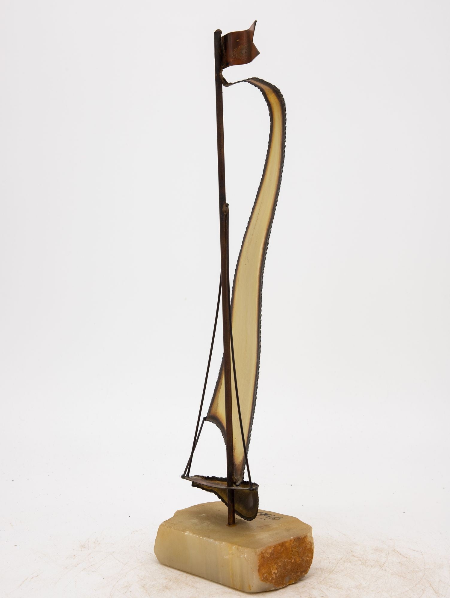 Vintage Brutalist Style Brass Sailboat on Onyx Base, Signed by Demott, 20th Century